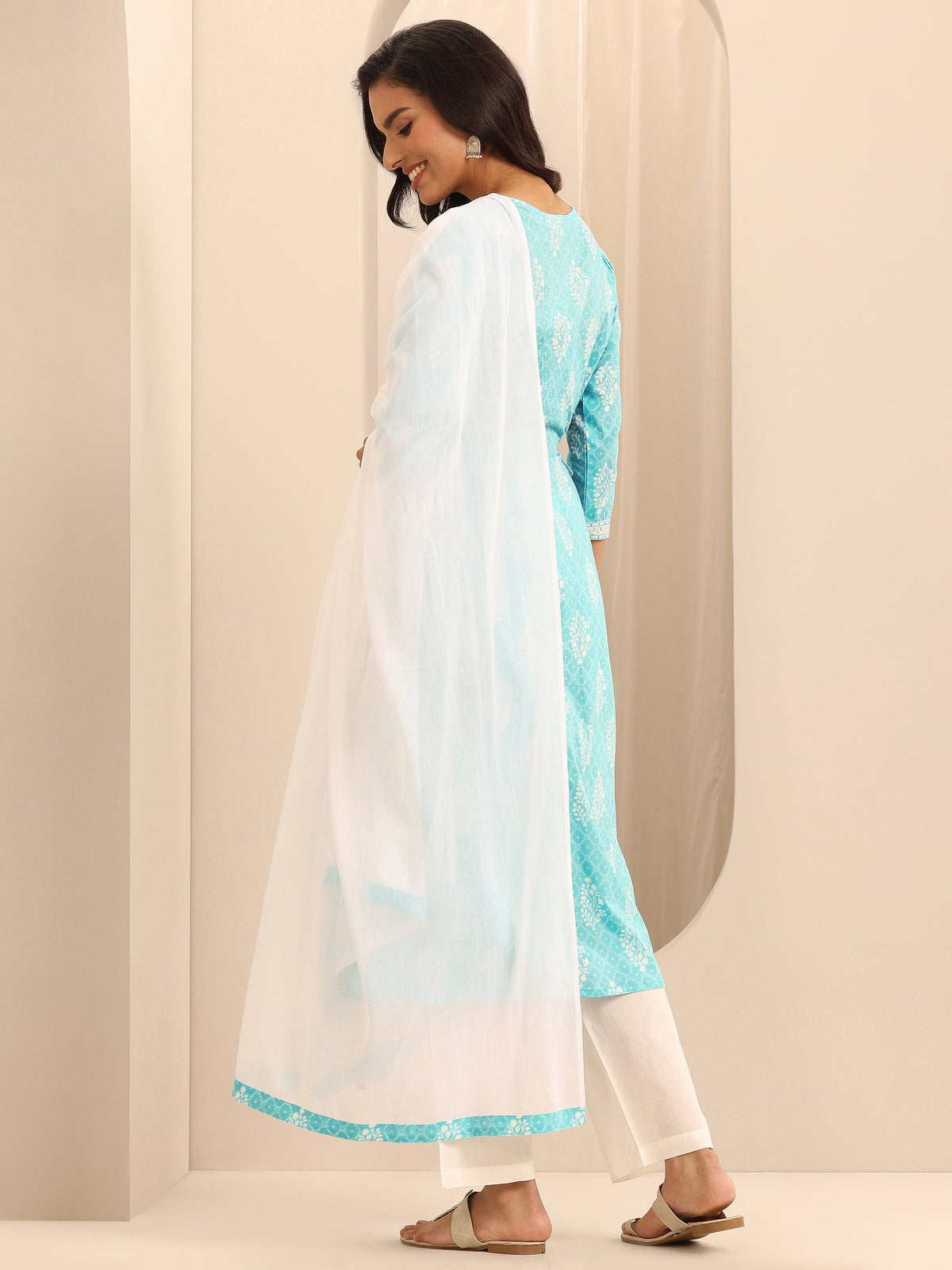 Anouk Turquoise Printed Cotton A-line Suit Set With Dupatta
