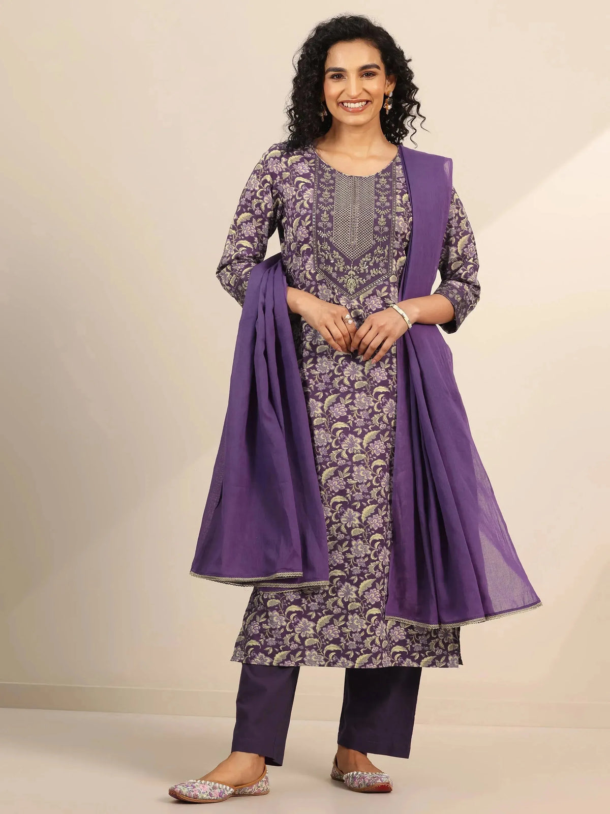 Anouk Purple Yoke Design Cotton Straight Suit Set With Dupatta