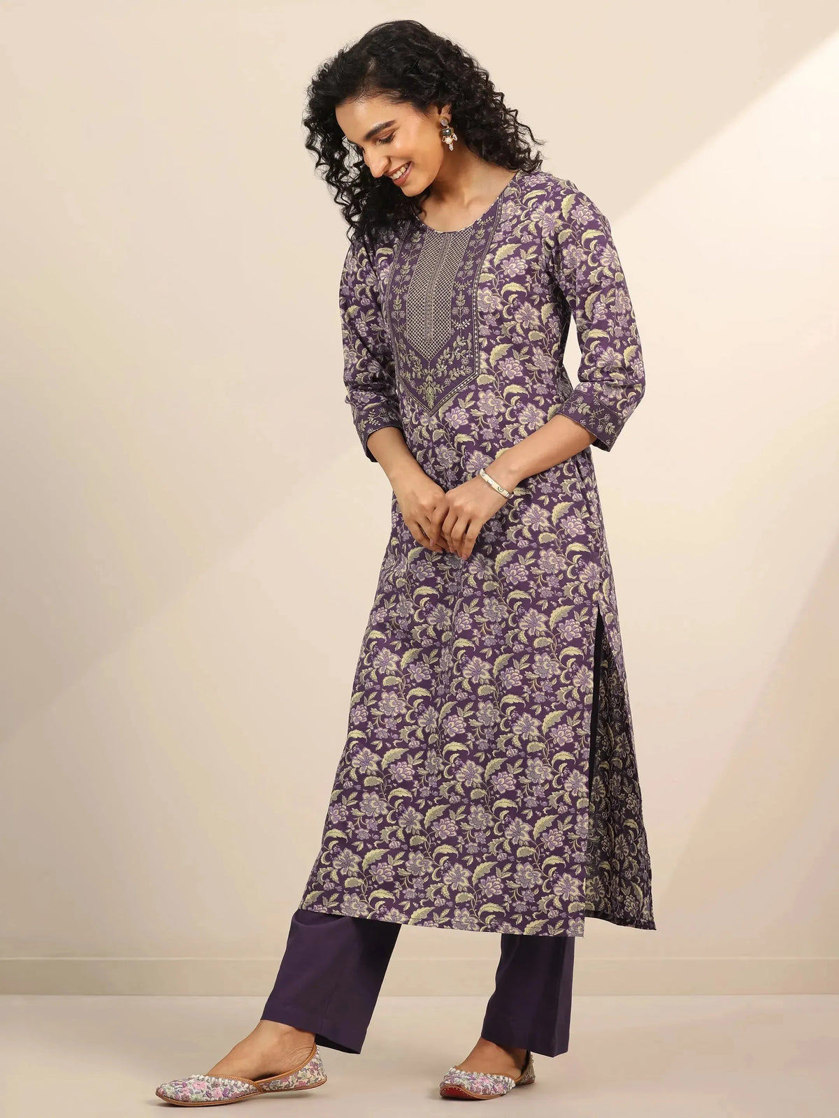Anouk Purple Yoke Design Cotton Straight Suit Set With Dupatta