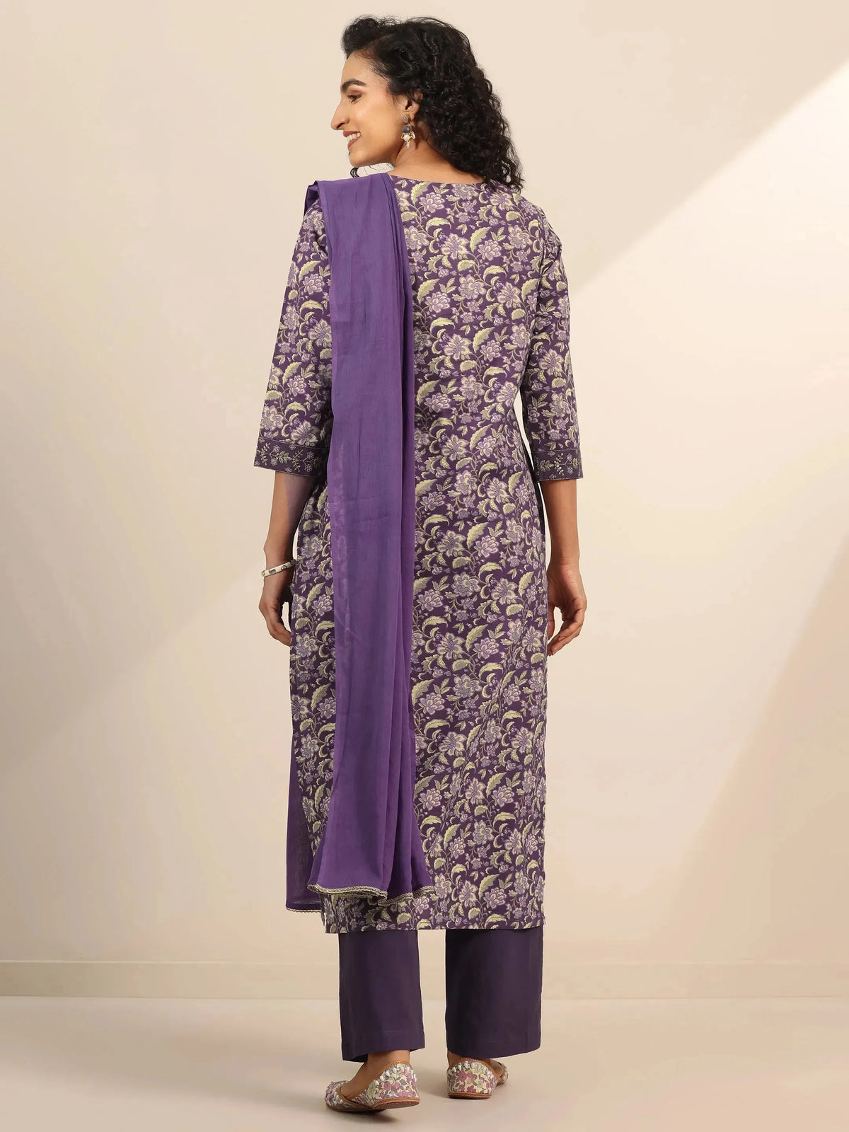 Anouk Purple Yoke Design Cotton Straight Suit Set With Dupatta