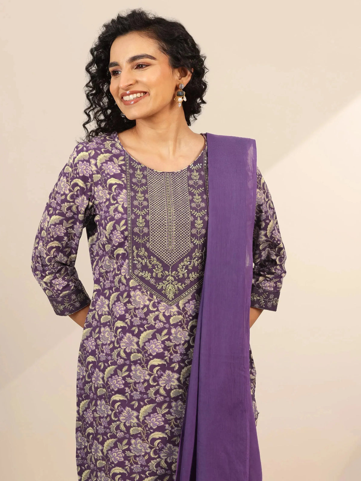 Anouk Purple Yoke Design Cotton Straight Suit Set With Dupatta