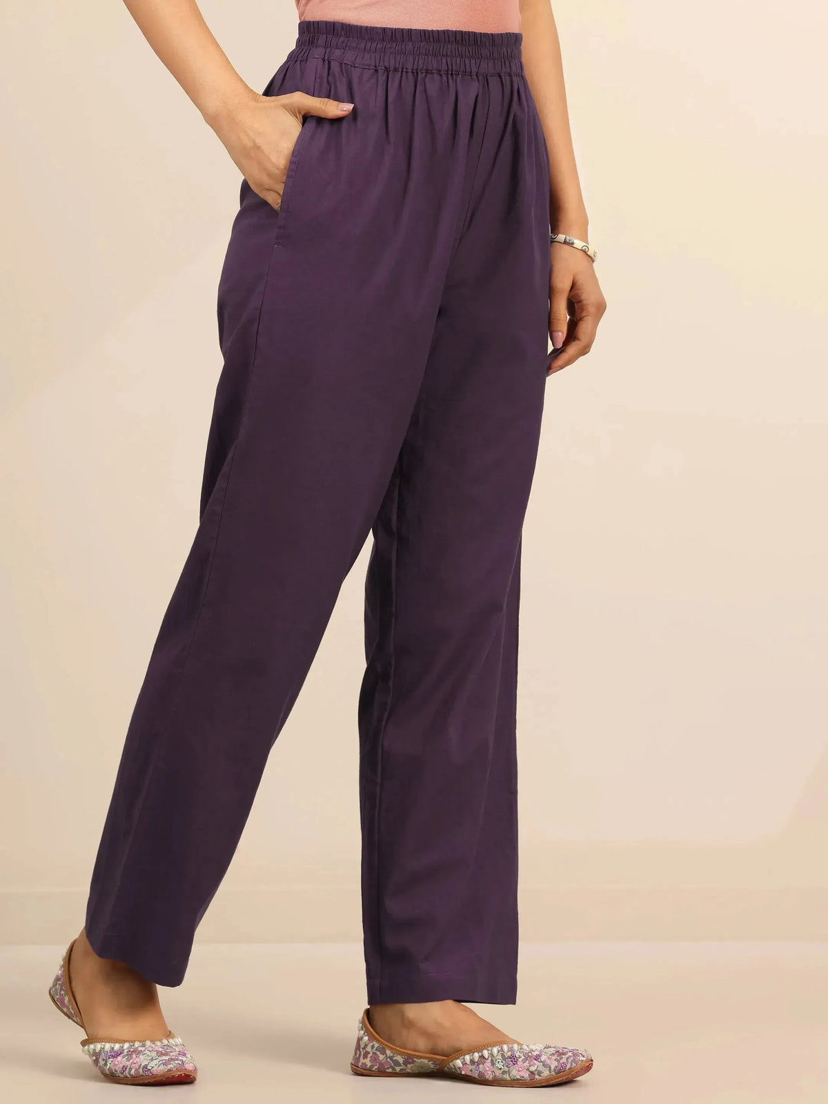 Anouk Purple Yoke Design Cotton Straight Suit Set With Dupatta