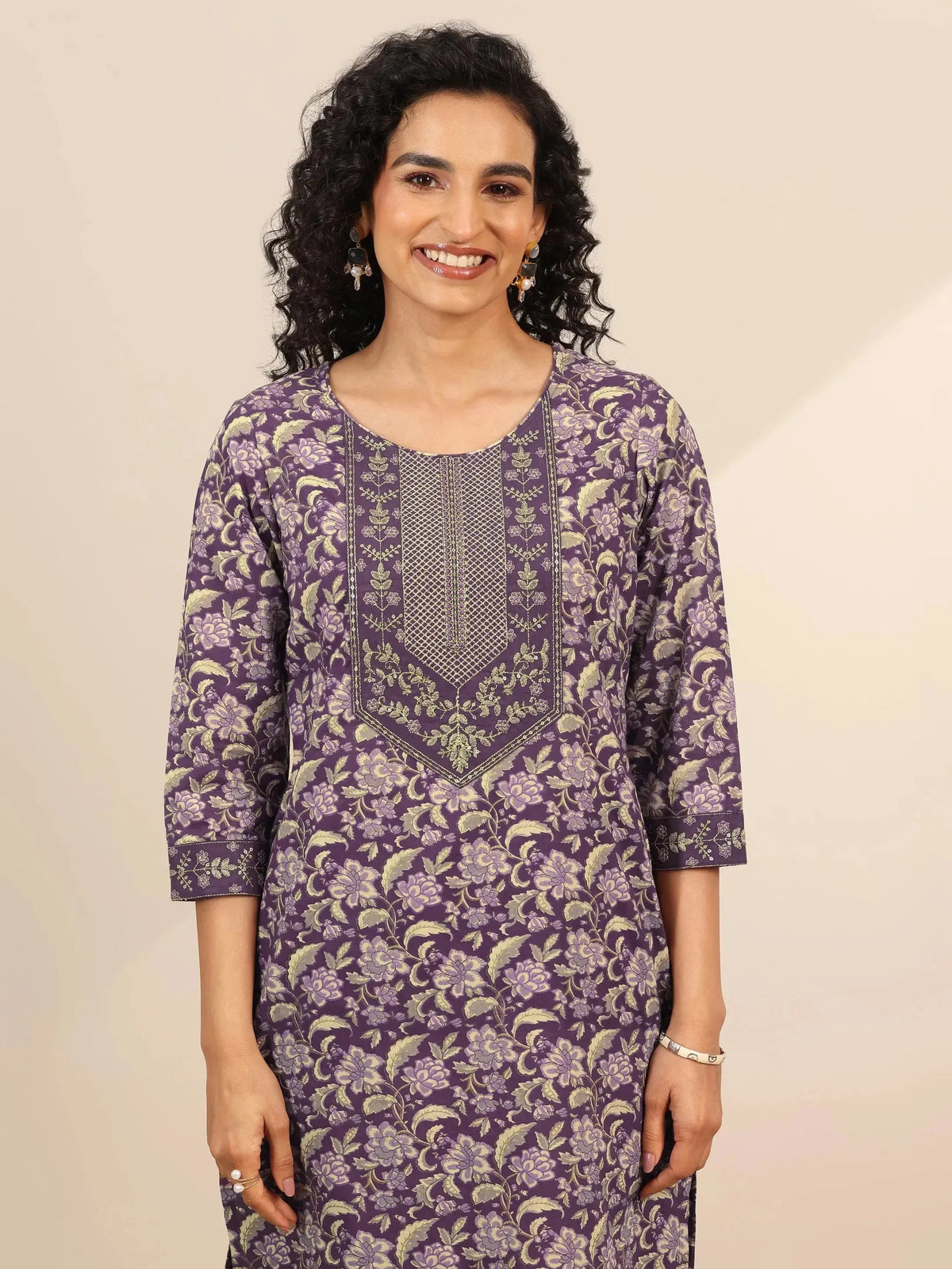Anouk Purple Yoke Design Cotton Straight Suit Set With Dupatta