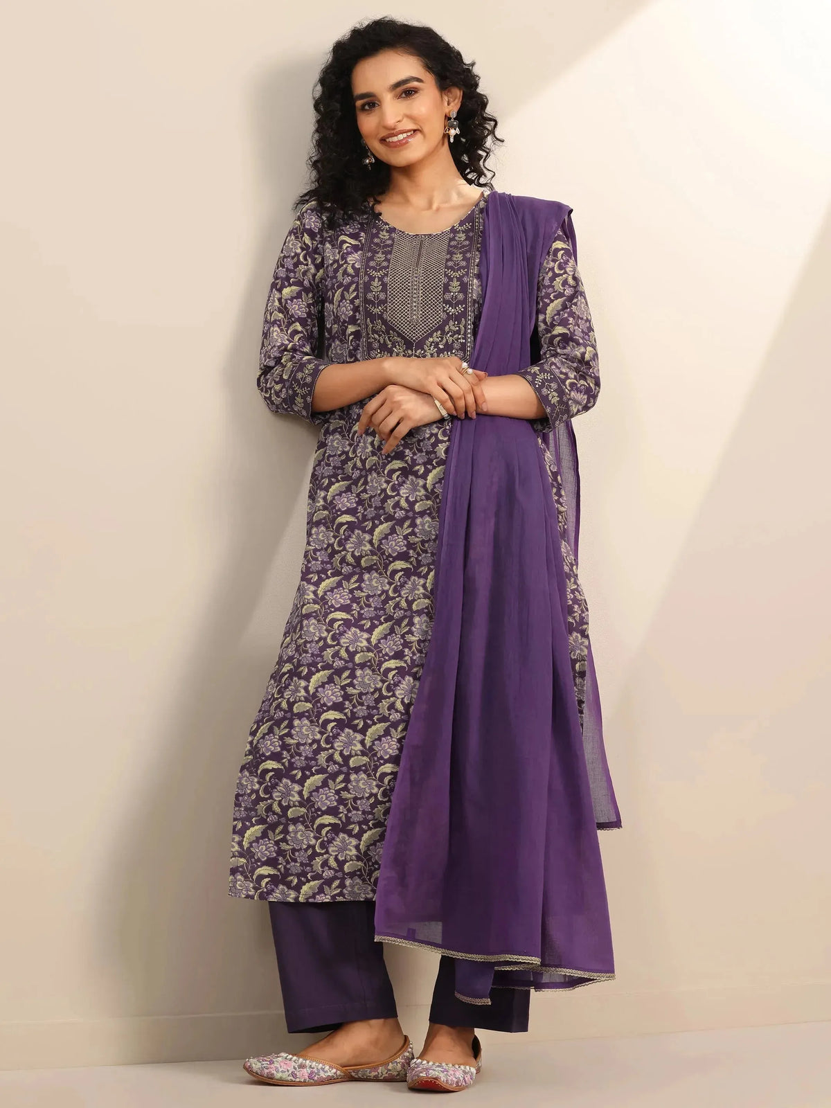 Anouk Purple Yoke Design Cotton Straight Suit Set With Dupatta