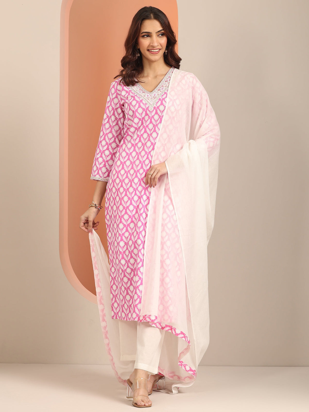 Anouk Pink Yoke Design Cotton Straight Suit Set With Dupatta