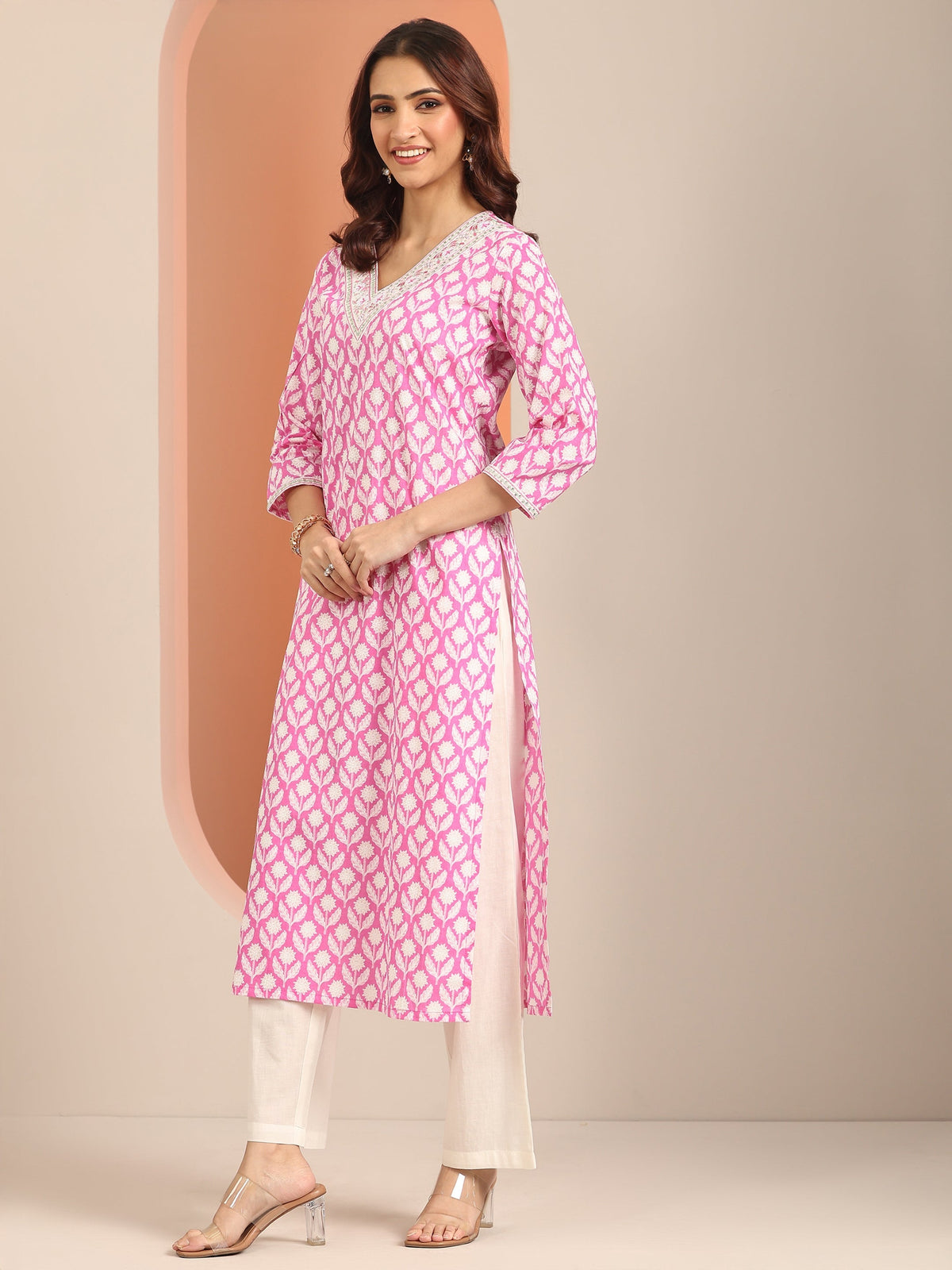 Anouk Pink Yoke Design Cotton Straight Suit Set With Dupatta