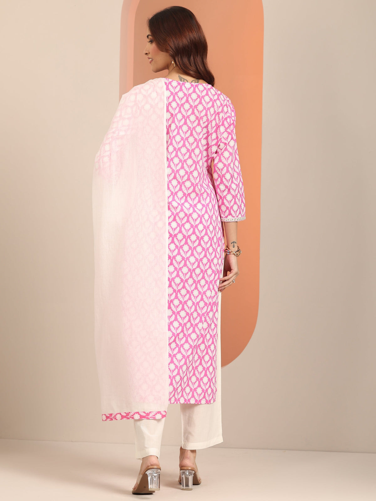 Anouk Pink Yoke Design Cotton Straight Suit Set With Dupatta