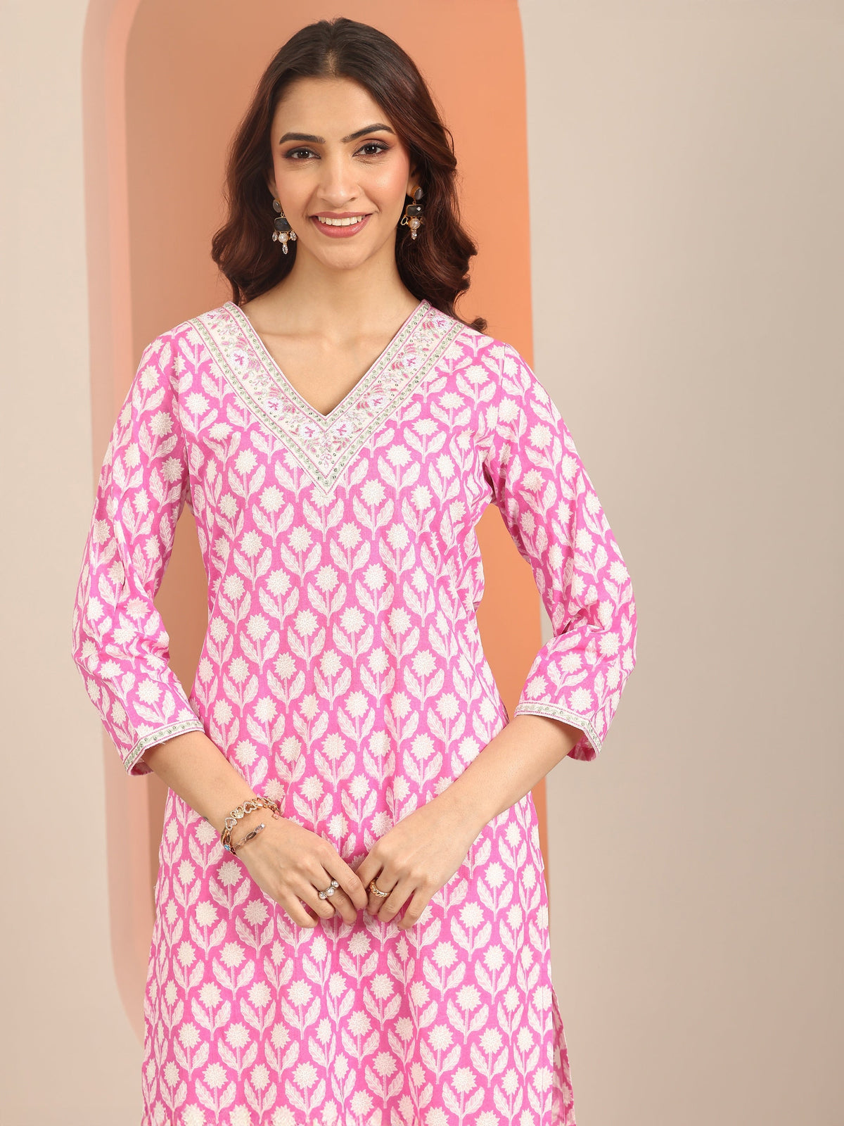 Anouk Pink Yoke Design Cotton Straight Suit Set With Dupatta