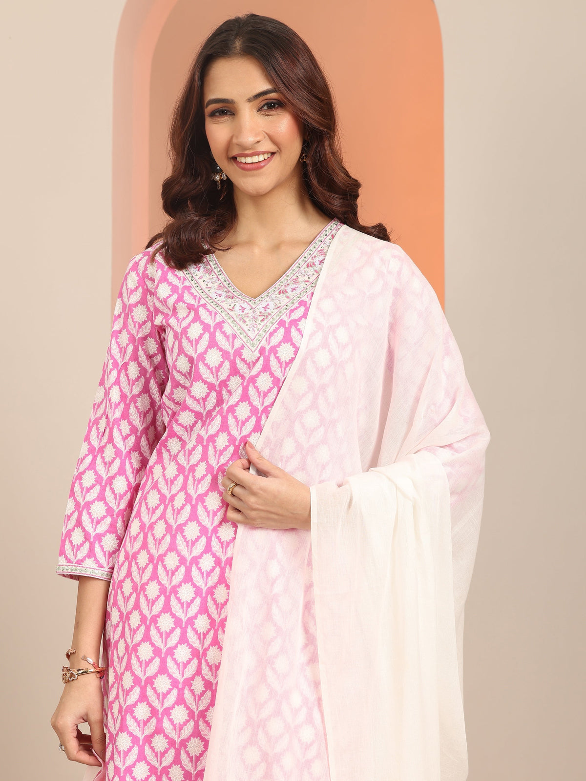 Anouk Pink Yoke Design Cotton Straight Suit Set With Dupatta