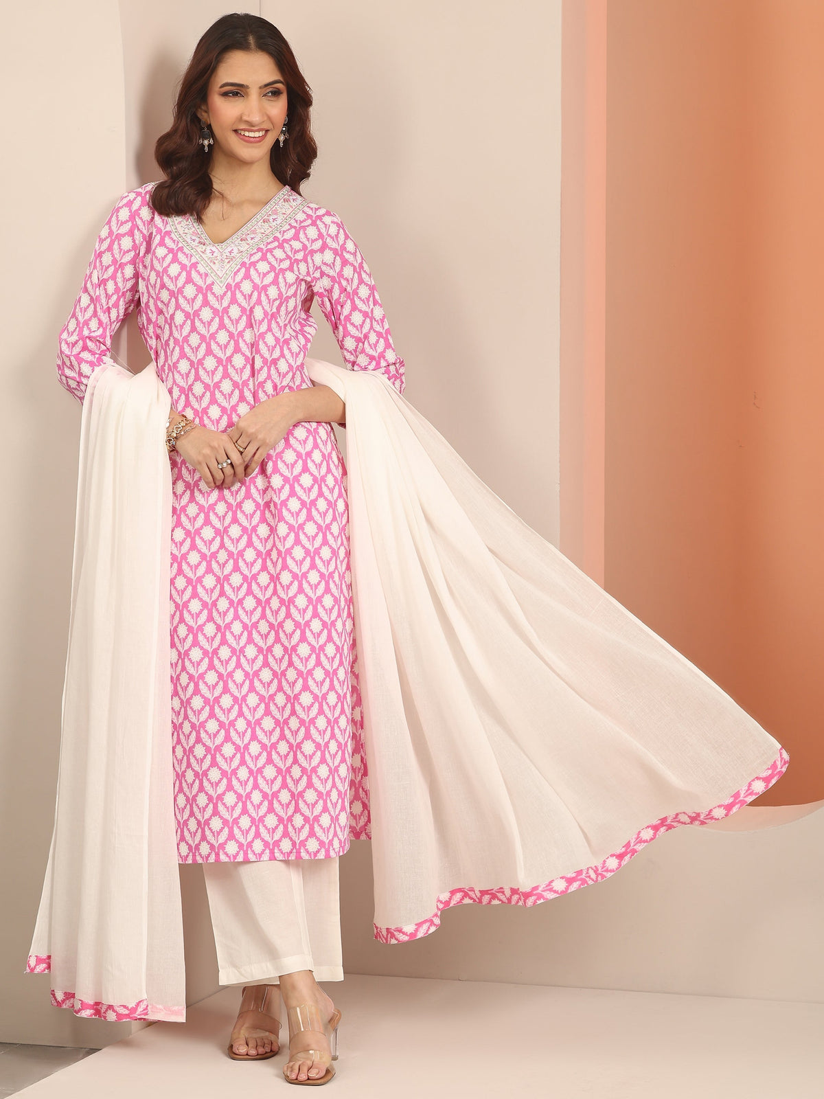 Anouk Pink Yoke Design Cotton Straight Suit Set With Dupatta