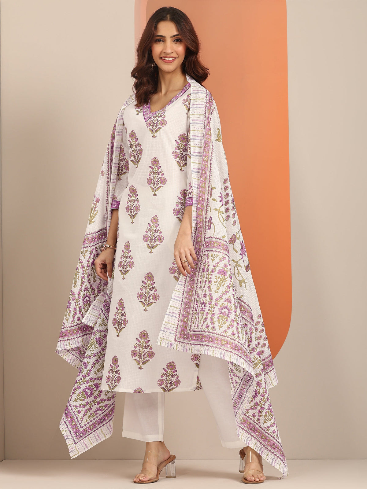 Anouk White Yoke Design Cotton Straight Suit Set With Dupatta