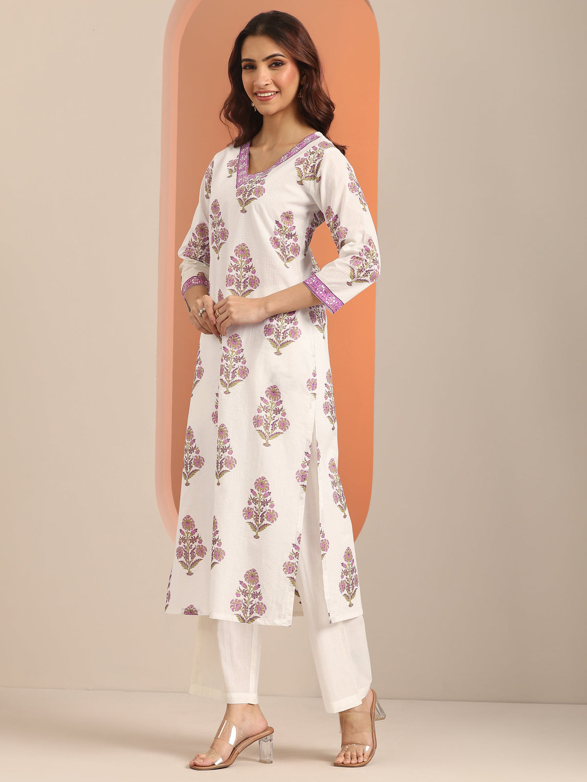 Anouk White Yoke Design Cotton Straight Suit Set With Dupatta