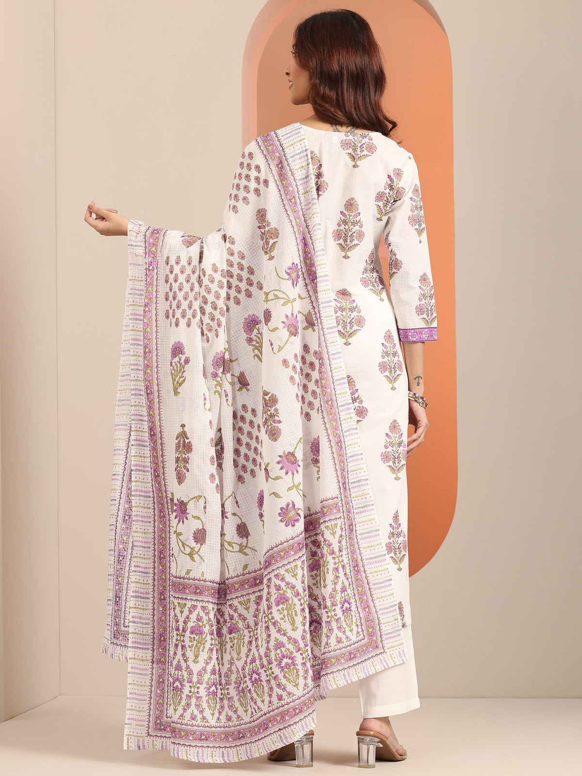 Anouk White Yoke Design Cotton Straight Suit Set With Dupatta