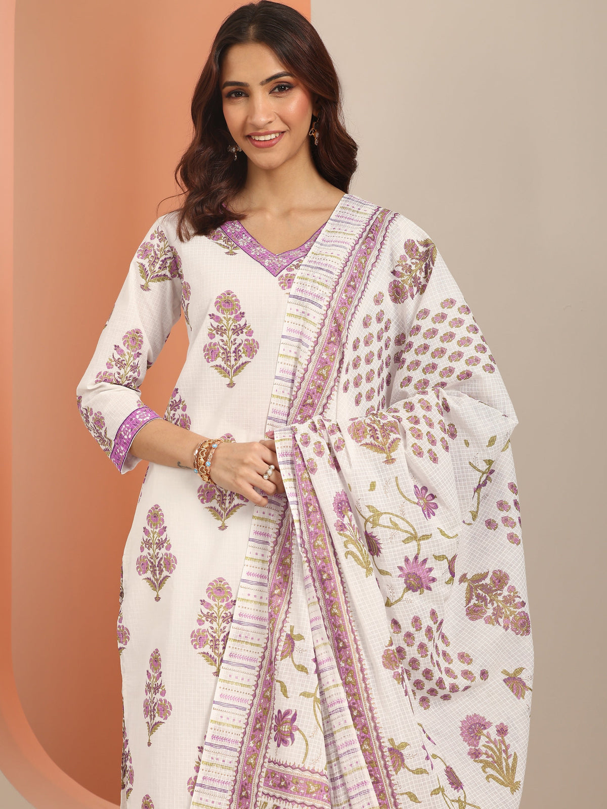 Anouk White Yoke Design Cotton Straight Suit Set With Dupatta