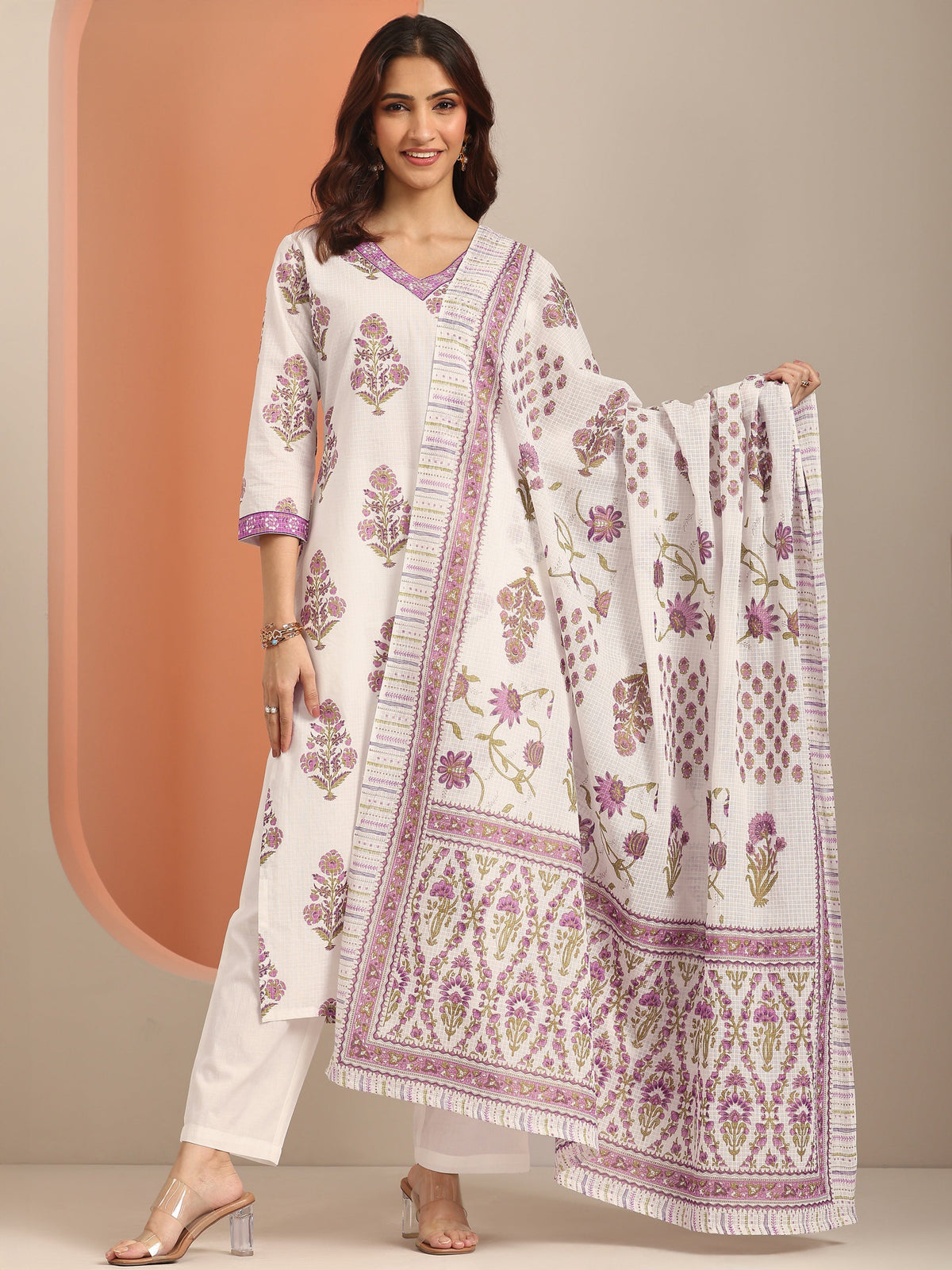 Anouk White Yoke Design Cotton Straight Suit Set With Dupatta