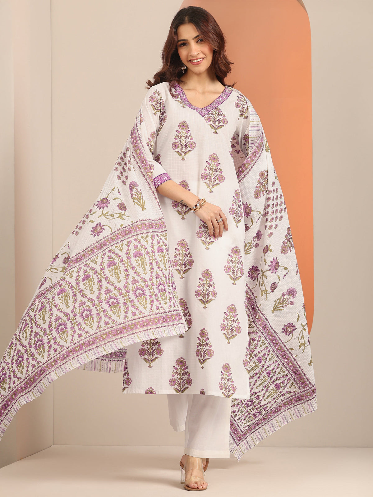 Anouk White Yoke Design Cotton Straight Suit Set With Dupatta