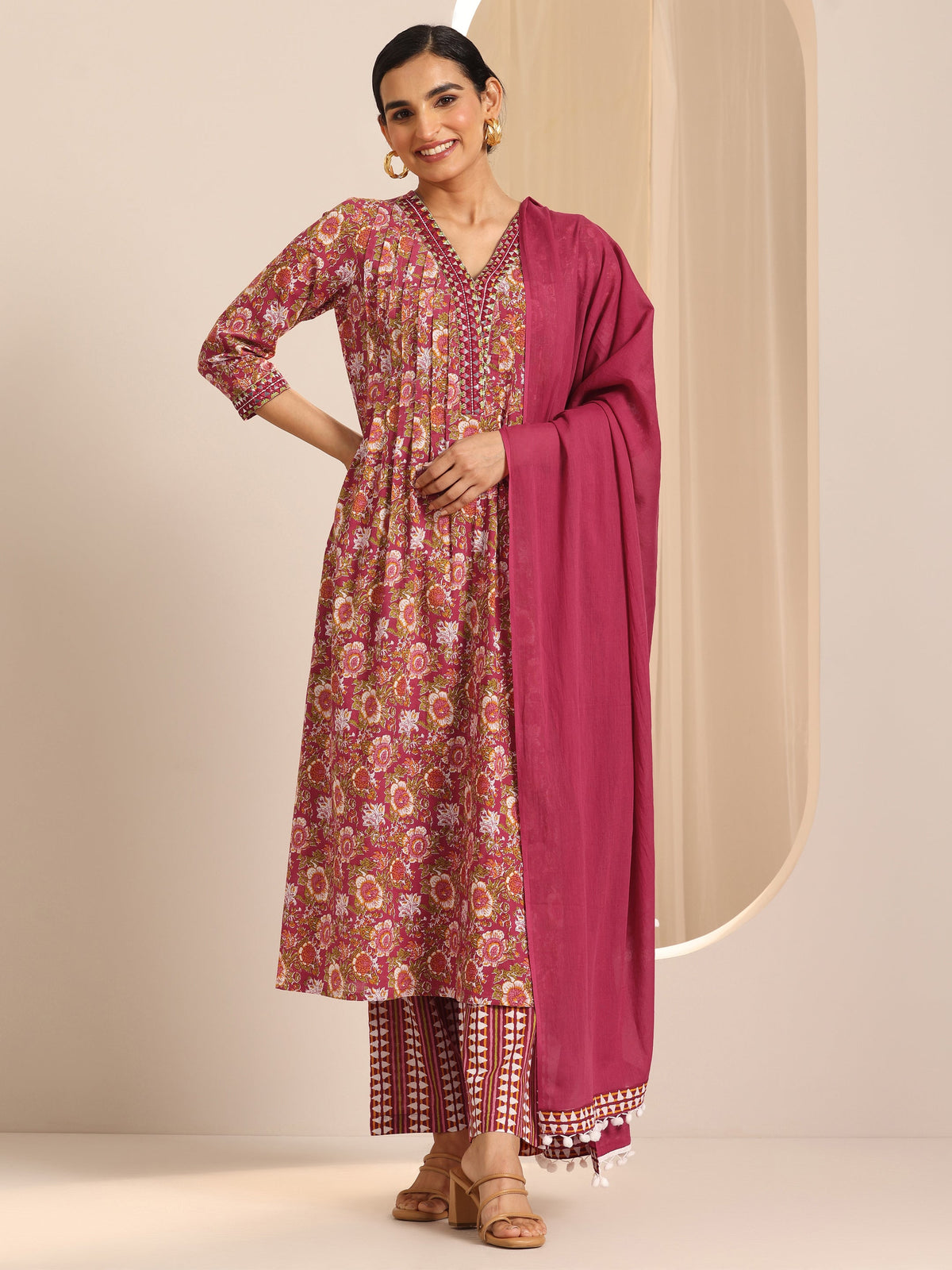 Anouk Red Printed Cotton A-Line Suit Set With Dupatta