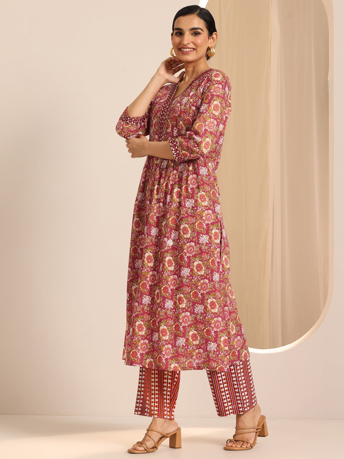 Anouk Red Printed Cotton A-Line Suit Set With Dupatta