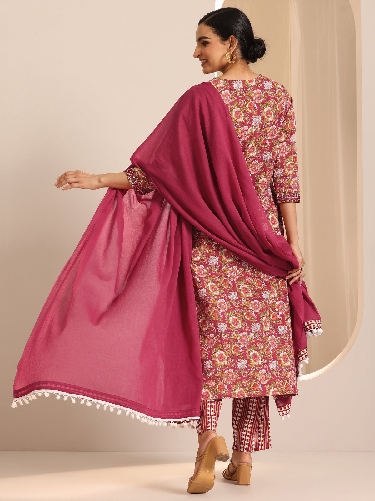 Anouk Red Printed Cotton A-Line Suit Set With Dupatta