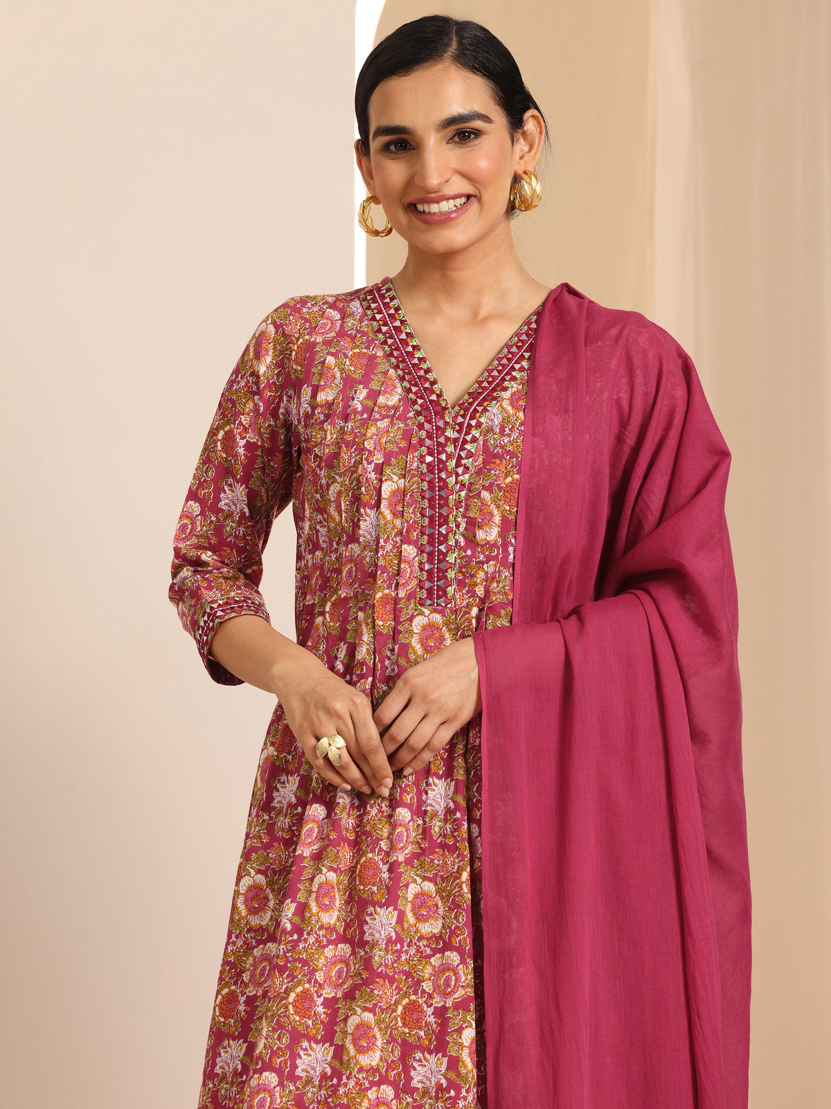 Anouk Red Printed Cotton A-Line Suit Set With Dupatta