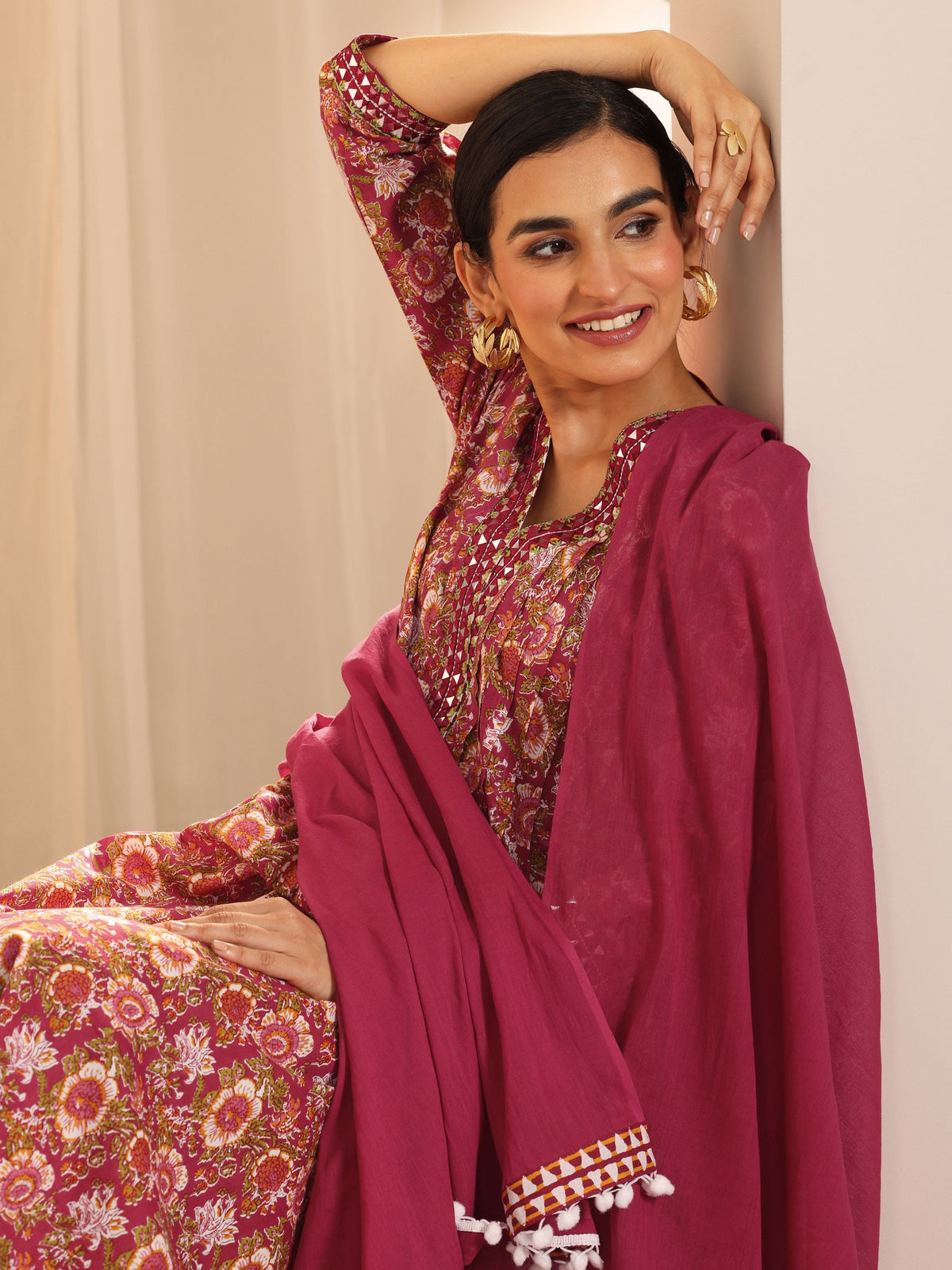 Anouk Red Printed Cotton A-Line Suit Set With Dupatta