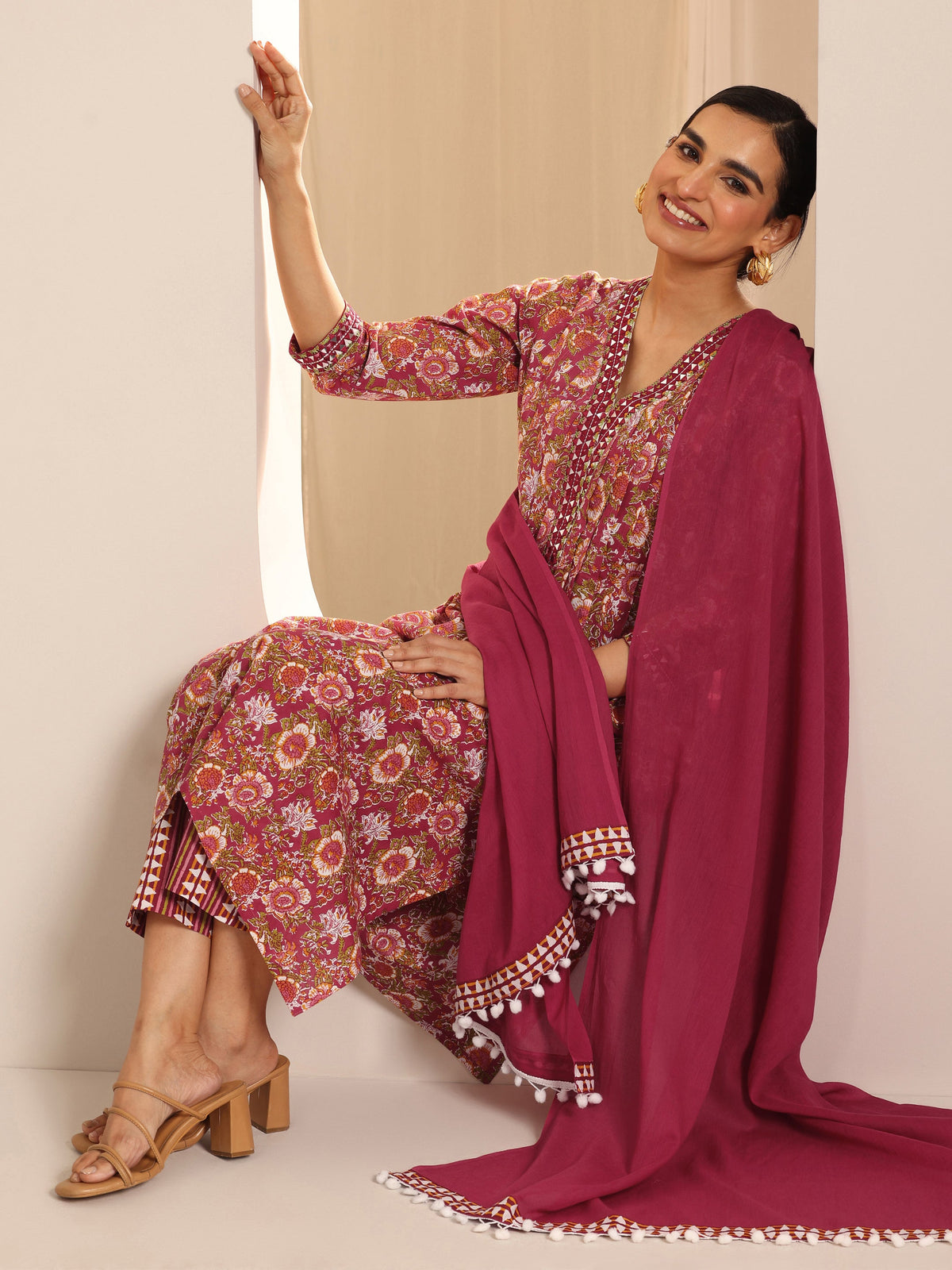 Anouk Red Printed Cotton A-Line Suit Set With Dupatta