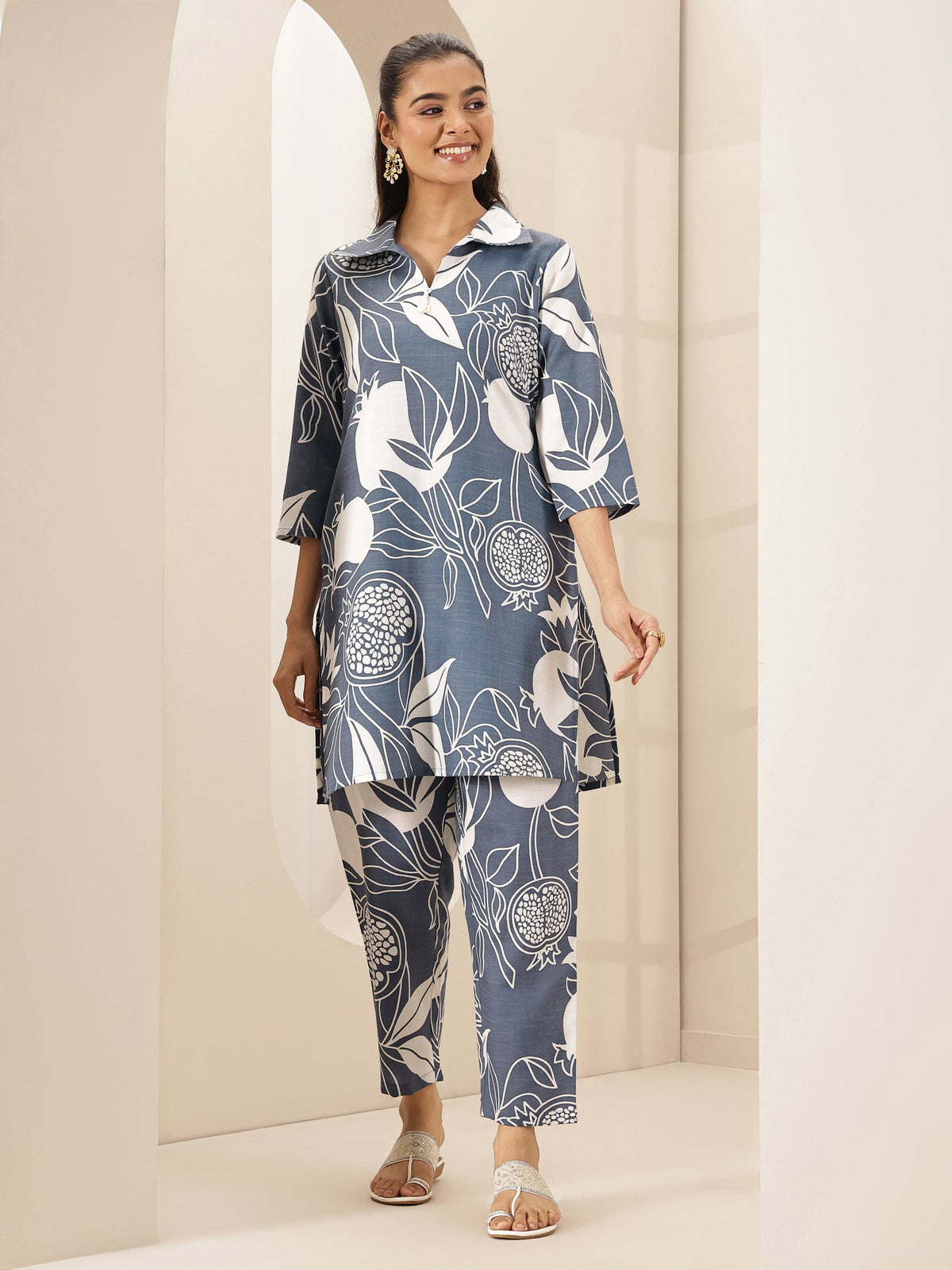 Anouk Grey Printed Cotton Blend Co-Ord Sets