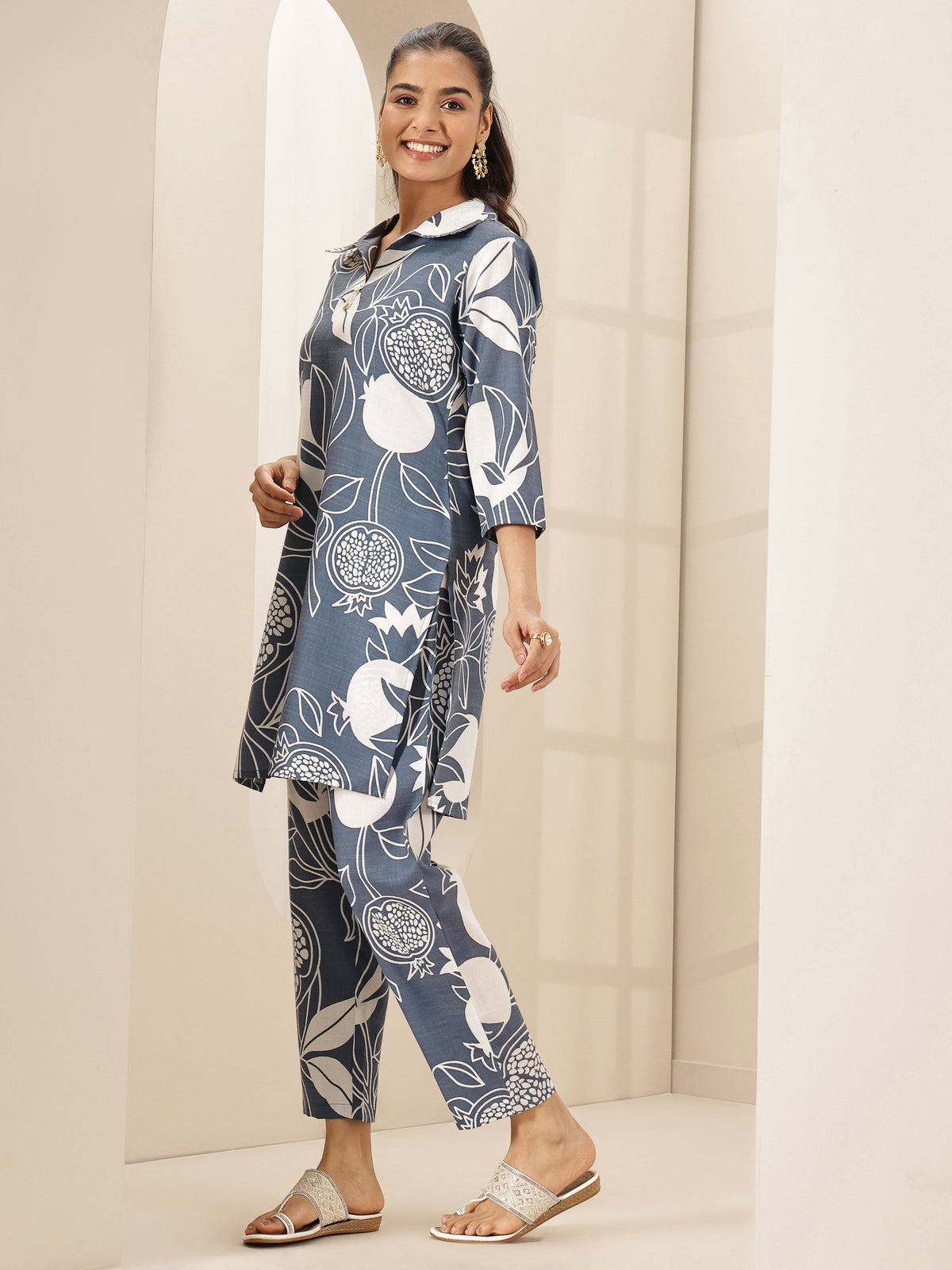 Anouk Grey Printed Cotton Blend Co-Ord Sets