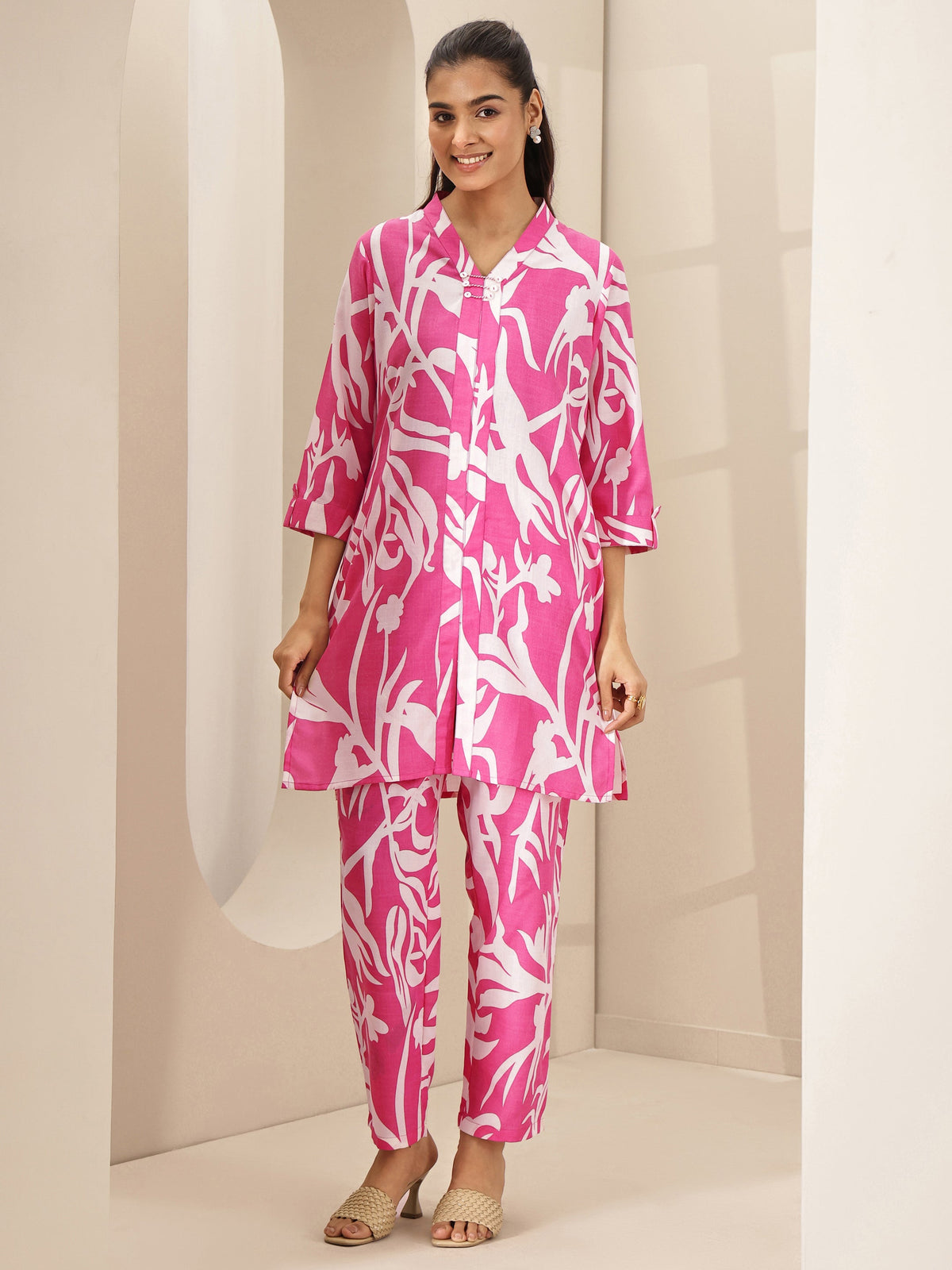 Anouk Pink Printed Cotton Blend Co-Ord Sets