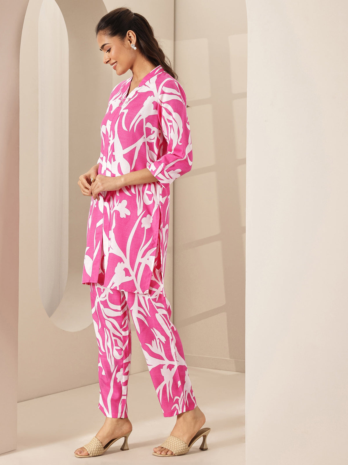 Anouk Pink Printed Cotton Blend Co-Ord Sets