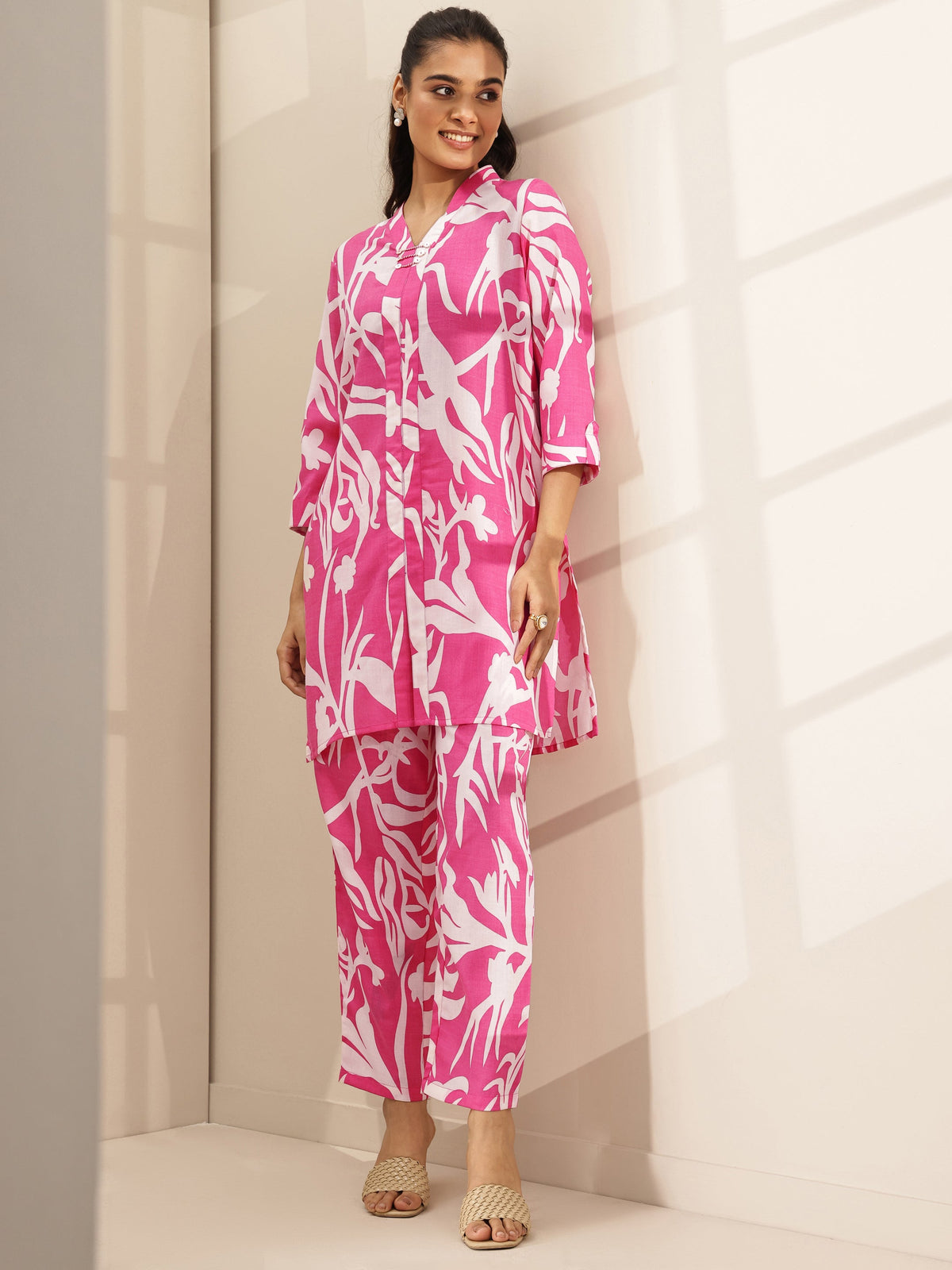 Anouk Pink Printed Cotton Blend Co-Ord Sets