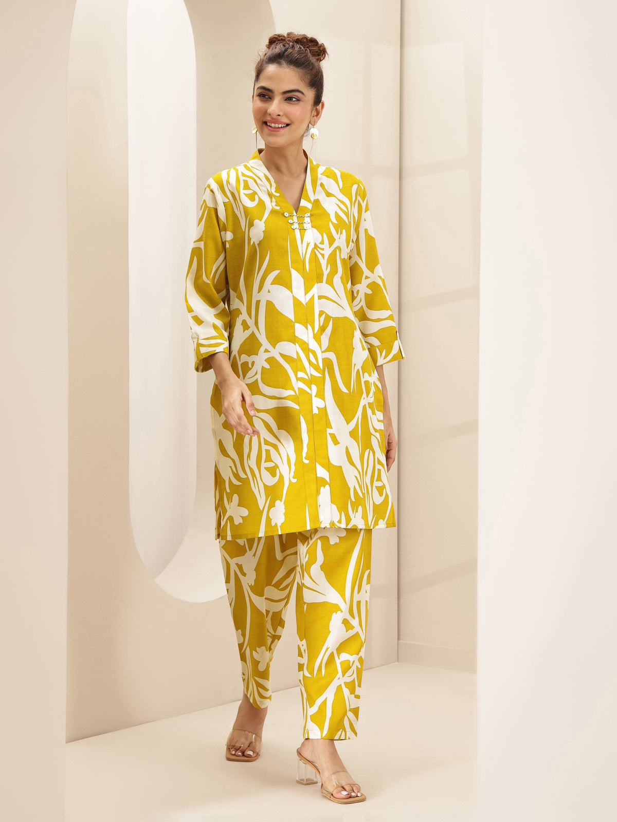 Anouk Mustard Printed Cotton Blend Co-Ord Sets