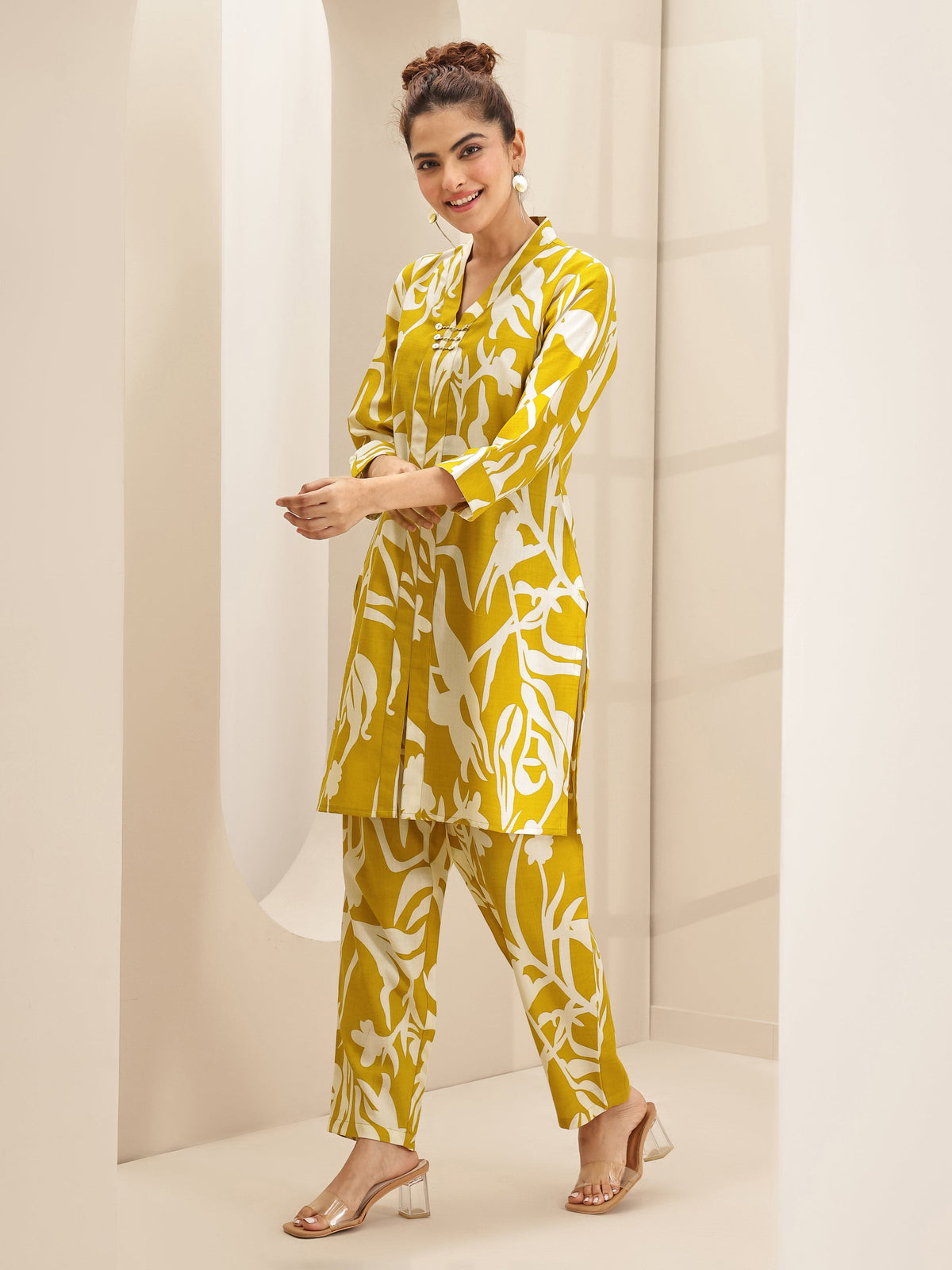 Anouk Mustard Printed Cotton Blend Co-Ord Sets