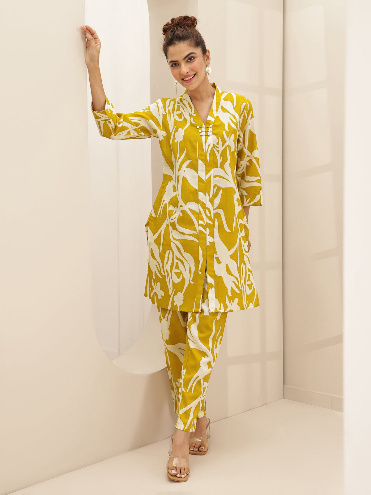 Anouk Mustard Printed Cotton Blend Co-Ord Sets