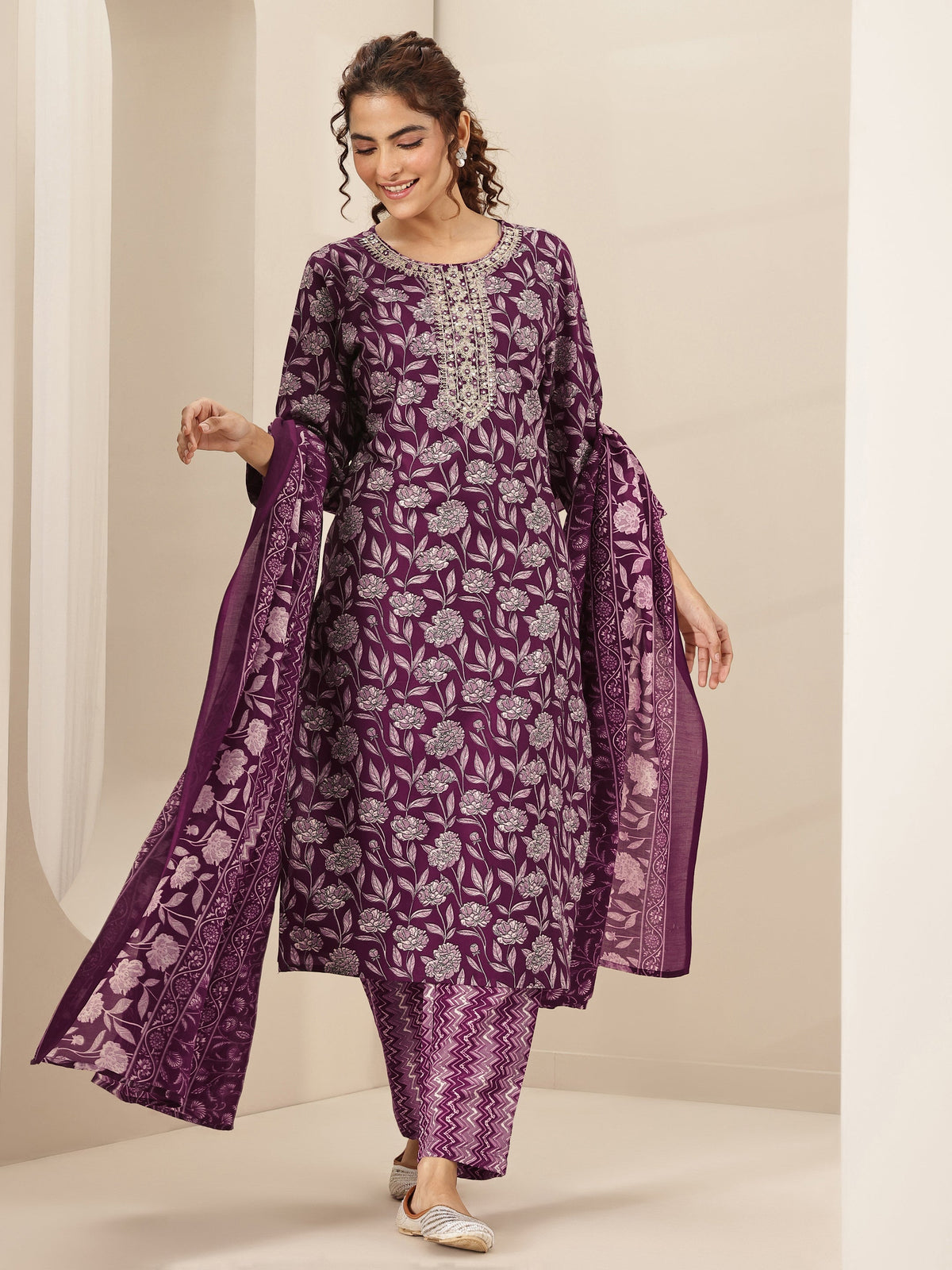 Anouk Burgundy Printed Cotton Blend Straight Suit Sets With Dupatta