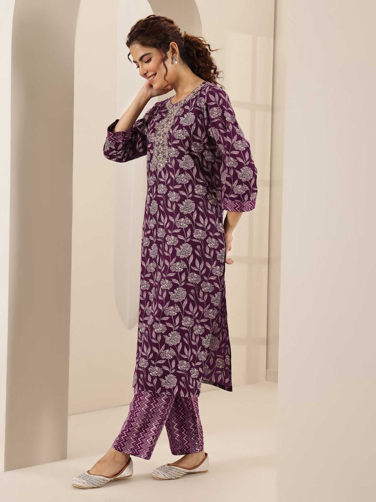 Anouk Burgundy Printed Cotton Blend Straight Suit Sets With Dupatta