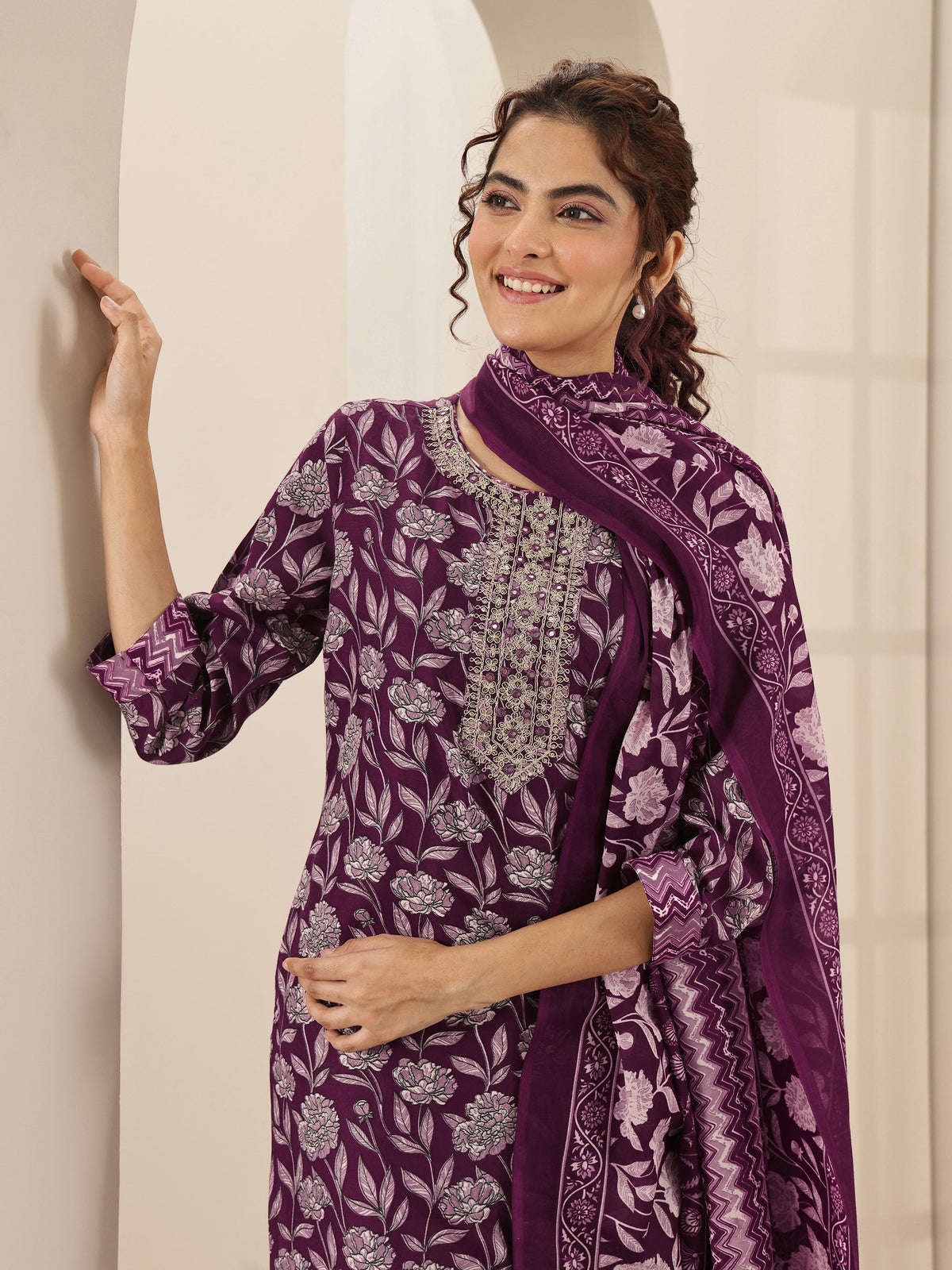 Anouk Burgundy Printed Cotton Blend Straight Suit Sets With Dupatta