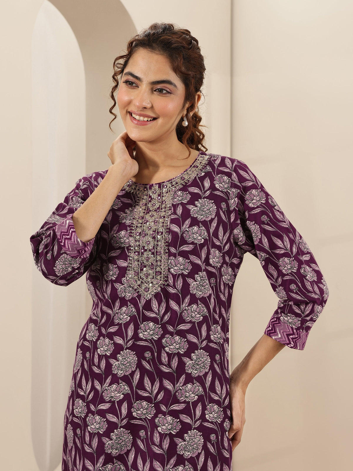 Anouk Burgundy Printed Cotton Blend Straight Suit Sets With Dupatta