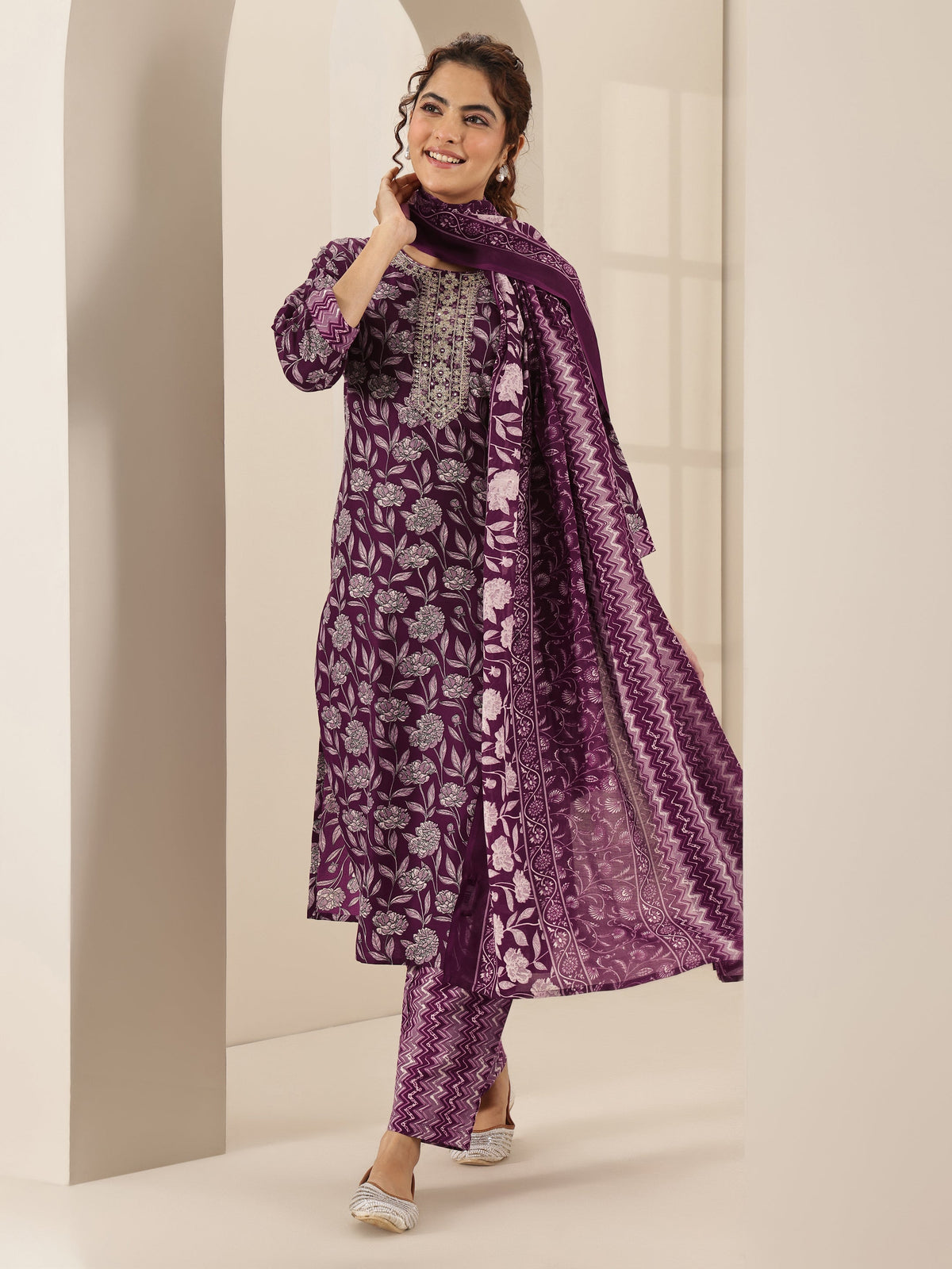 Anouk Burgundy Printed Cotton Blend Straight Suit Sets With Dupatta