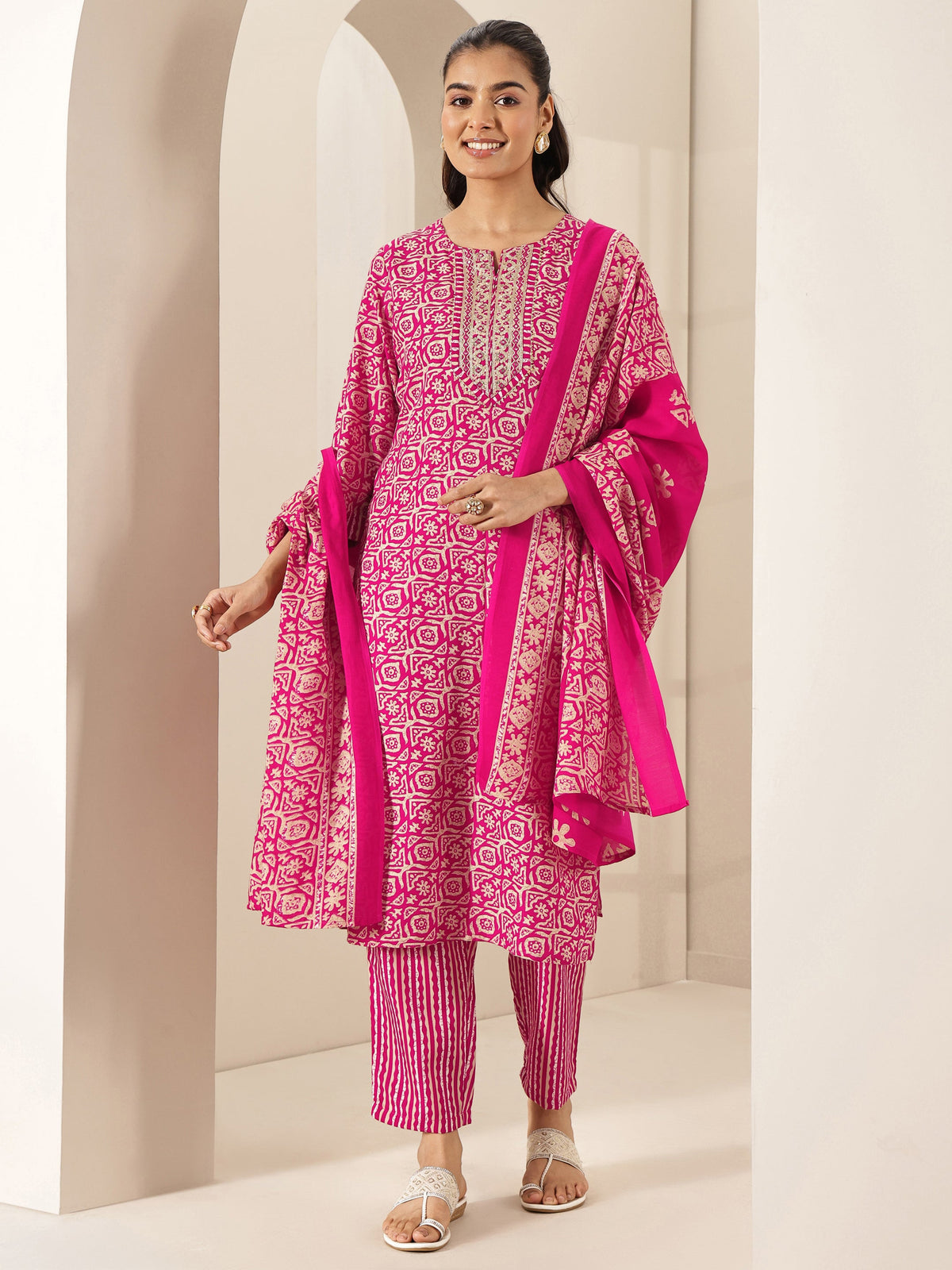 Anouk Pink Printed Cotton Blend Straight Suit Sets With Dupatta