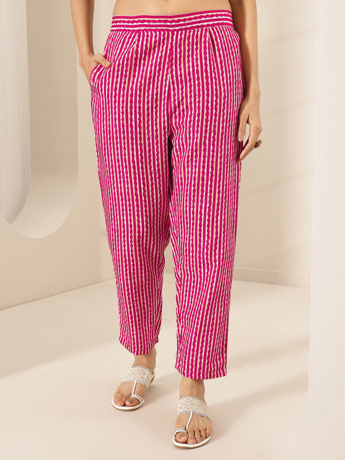 Anouk Pink Printed Cotton Blend Straight Suit Sets With Dupatta
