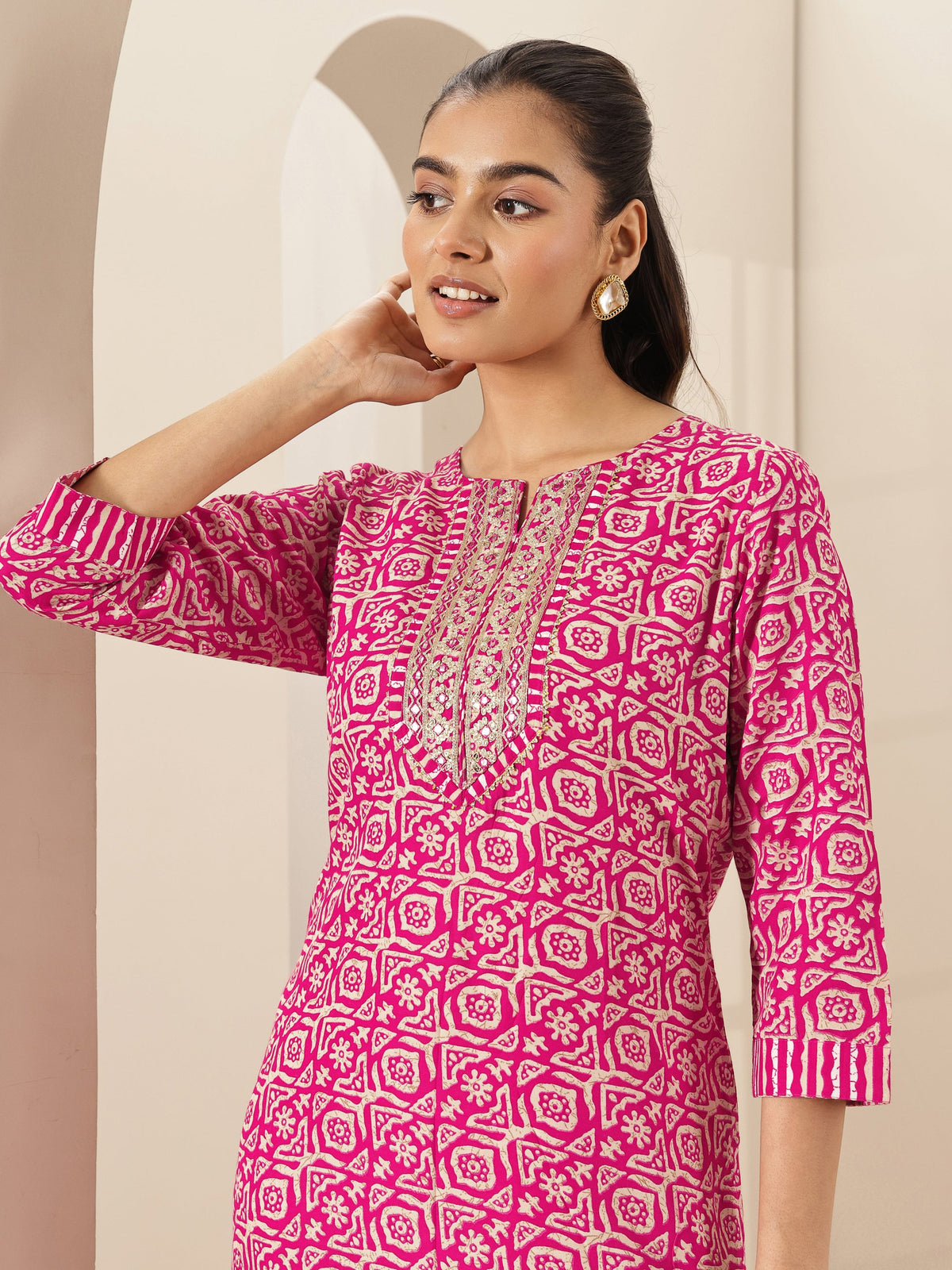 Anouk Pink Printed Cotton Blend Straight Suit Sets With Dupatta