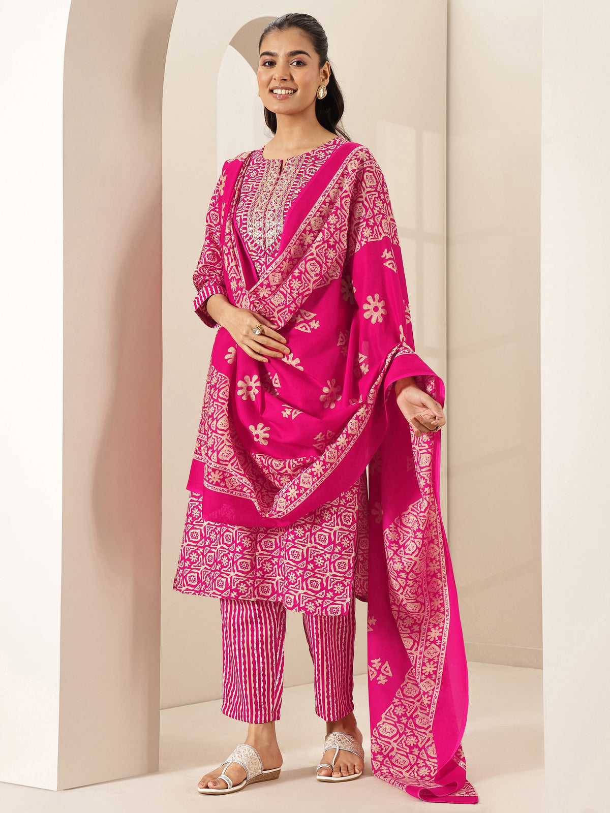 Anouk Pink Printed Cotton Blend Straight Suit Sets With Dupatta