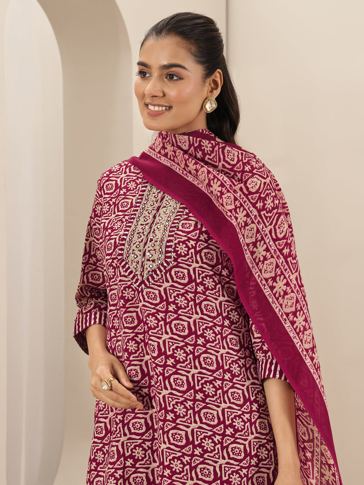 Anouk Maroon Printed Cotton Blend Straight Suit Sets With Dupatta