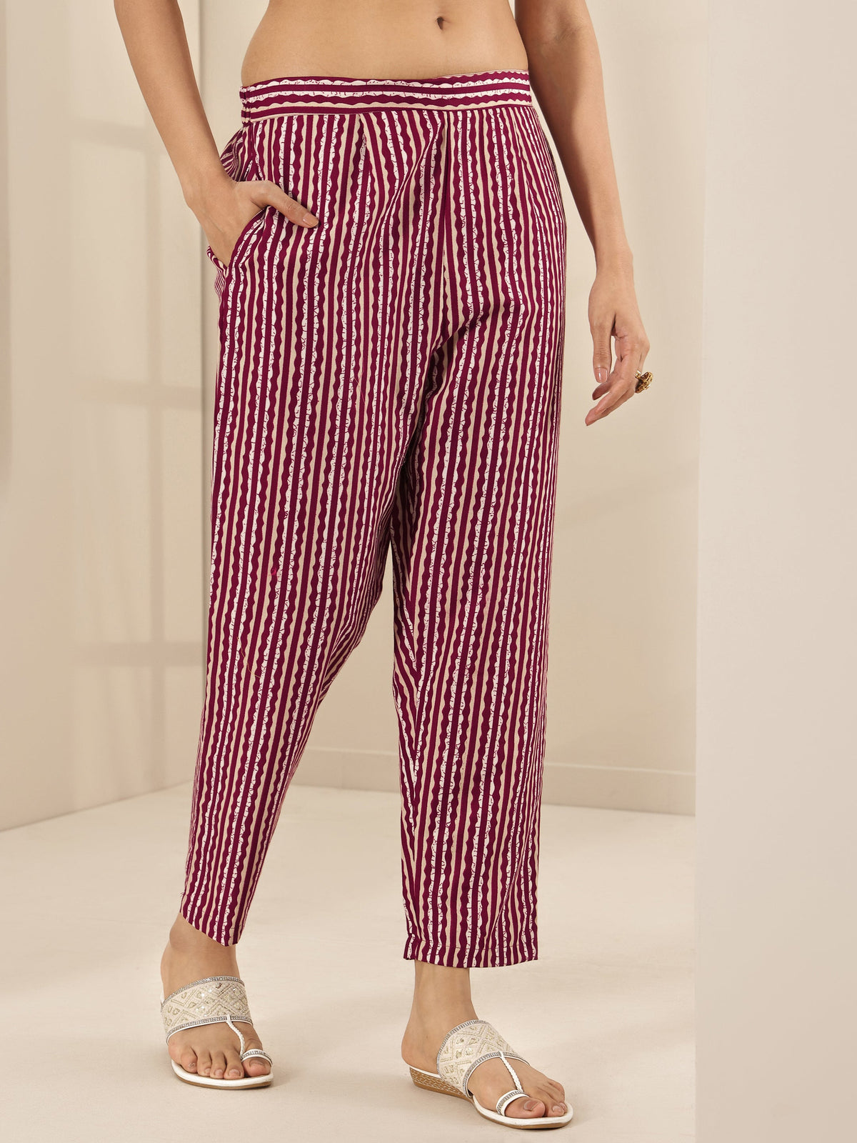 Anouk Maroon Printed Cotton Blend Straight Suit Sets With Dupatta
