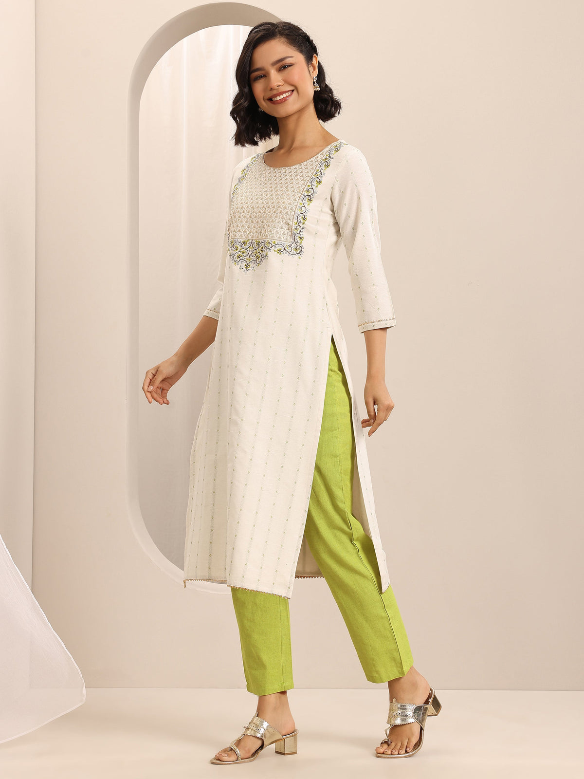 Anouk White Woven Cotton Blend Straight Suit Set With Dupatta
