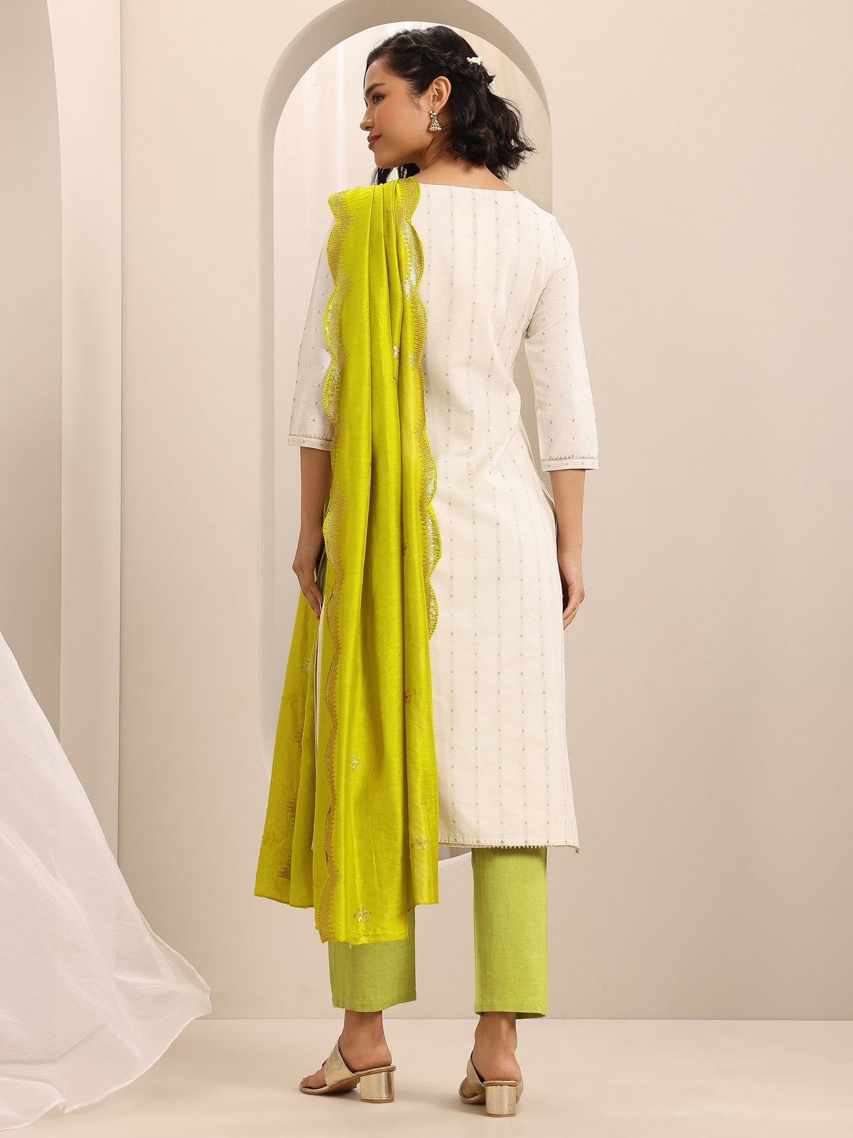 Anouk White Woven Cotton Blend Straight Suit Set With Dupatta