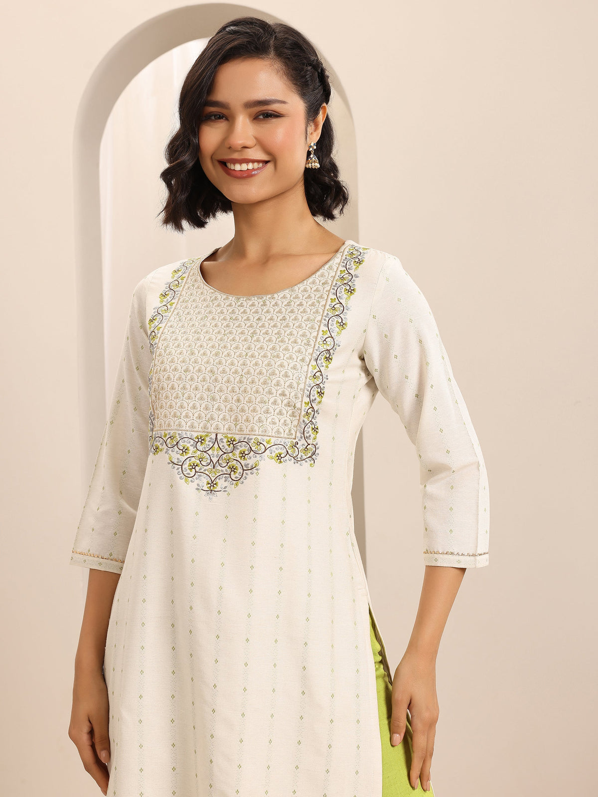 Anouk White Woven Cotton Blend Straight Suit Set With Dupatta