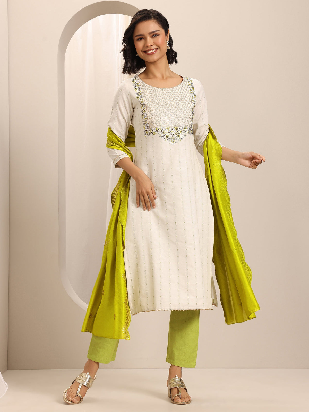 Anouk White Woven Cotton Blend Straight Suit Set With Dupatta