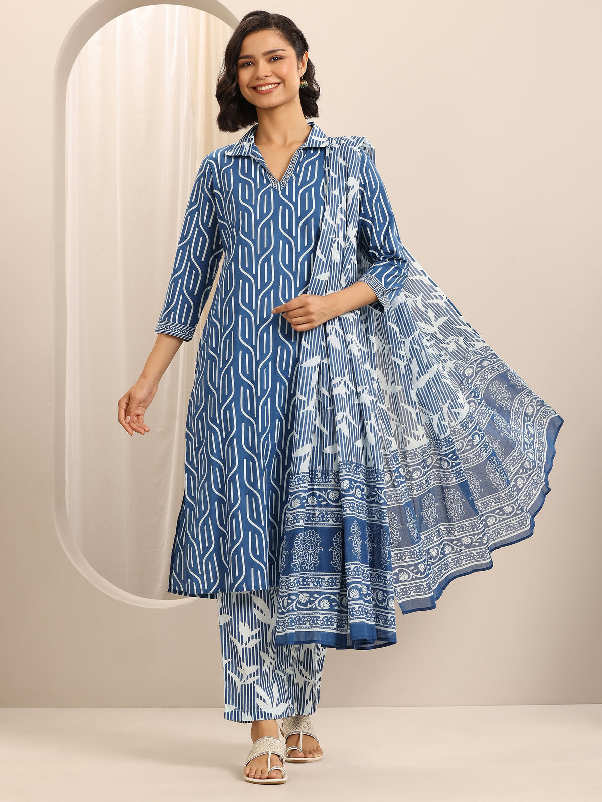 Anouk Blue Printed Cotton Blend Straight Suit Set With Dupatta